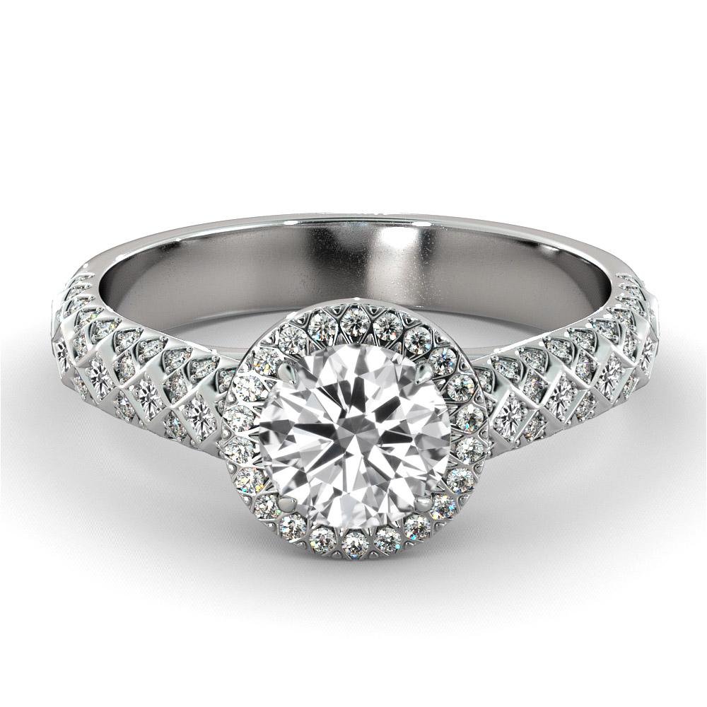 Beautiful solitaire with accents style GIA certified diamond engagement ring. Ring features a 1 carat round cut 100% eye clean natural diamond of F-G color and VS2-SI1 clarity and it is surrounded by 100 smaller natural diamonds of approx. 0.50
