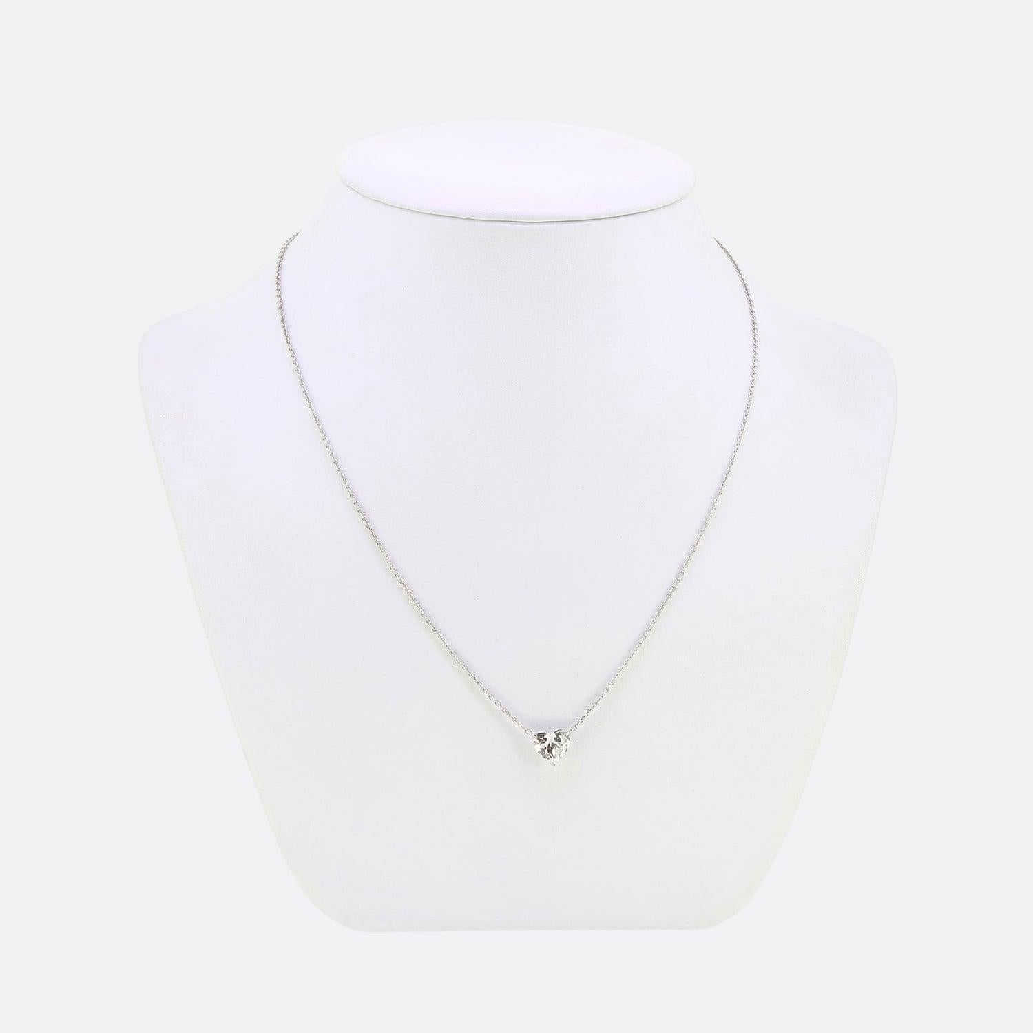 Here we have a beautiful diamond solitaire necklace. The pendant features a extremely clean certified 1.50 carat heart shaped diamond which has been set in a three clawed mount and suspended from a matching 18ct white gold belcher chain.

Condition: