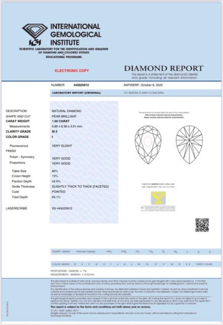 1.50-CARAT, I, Pear cut diamond SI2 Clarity GIA Certified For Sale 2