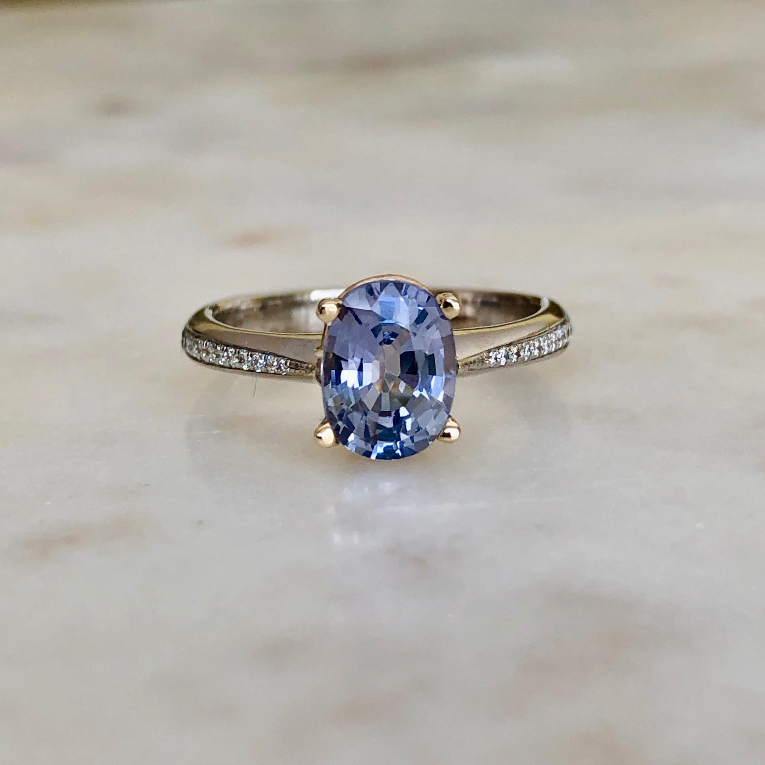 Shimmering Natural 1.34 carats natural medium Lilac sapphire, VS clarity,  18K Yellow gold head & white gold shank / Diamond accent approx. 0.16ct G-VS. This gorgeous engagement ring weighs approx. 4g. 
Comments: New Condition
It’s time to turn your