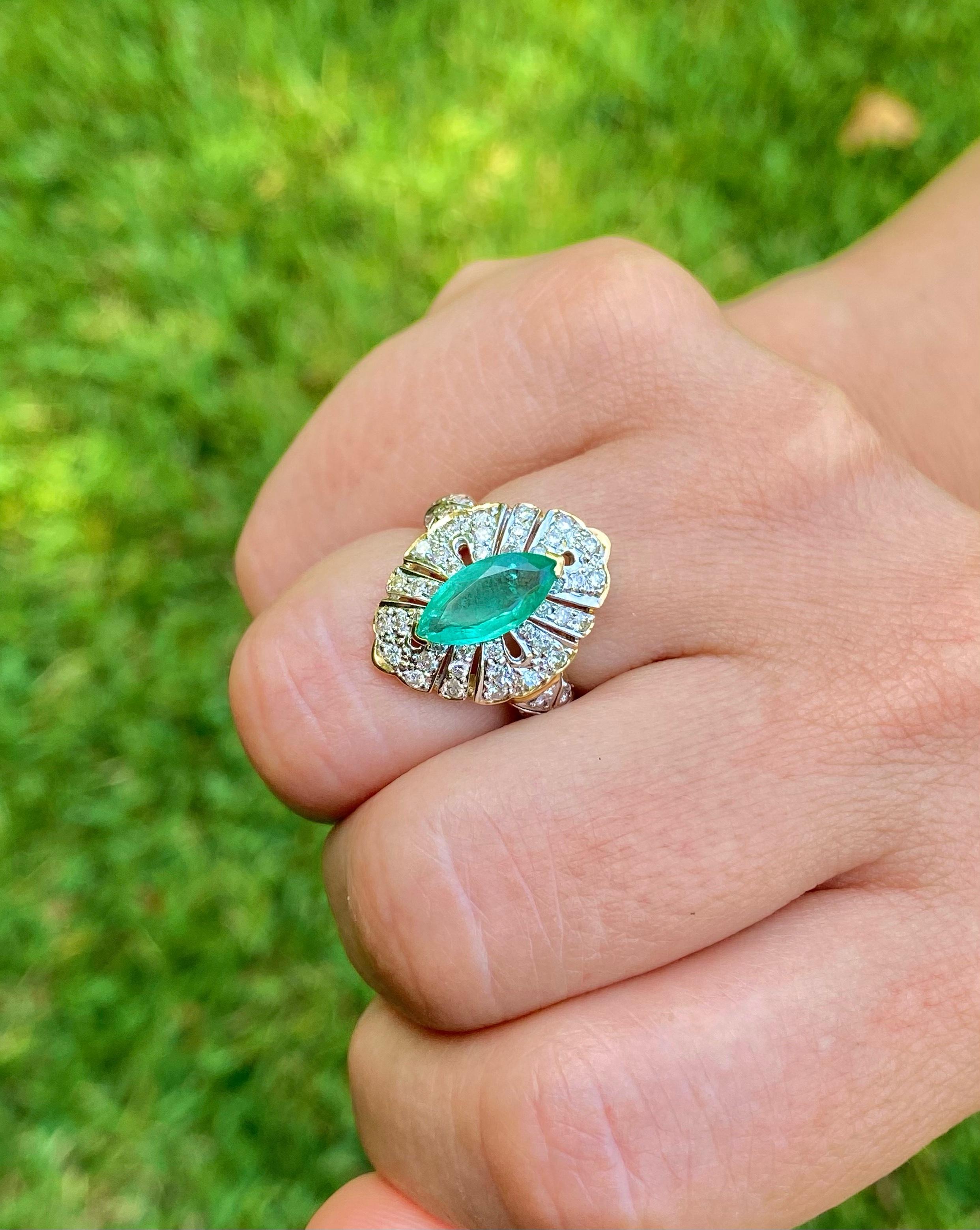 Centering a 0.75 Carat Marquis-Cut Colombian Emerald, framed by an additional 0.75 Carats of Round-Brilliant Cut Diamonds, and set in lush 14K Yellow Gold, this vintage classic is unisex– meaning its truly suitable for ANY occasion!

Details:
✔