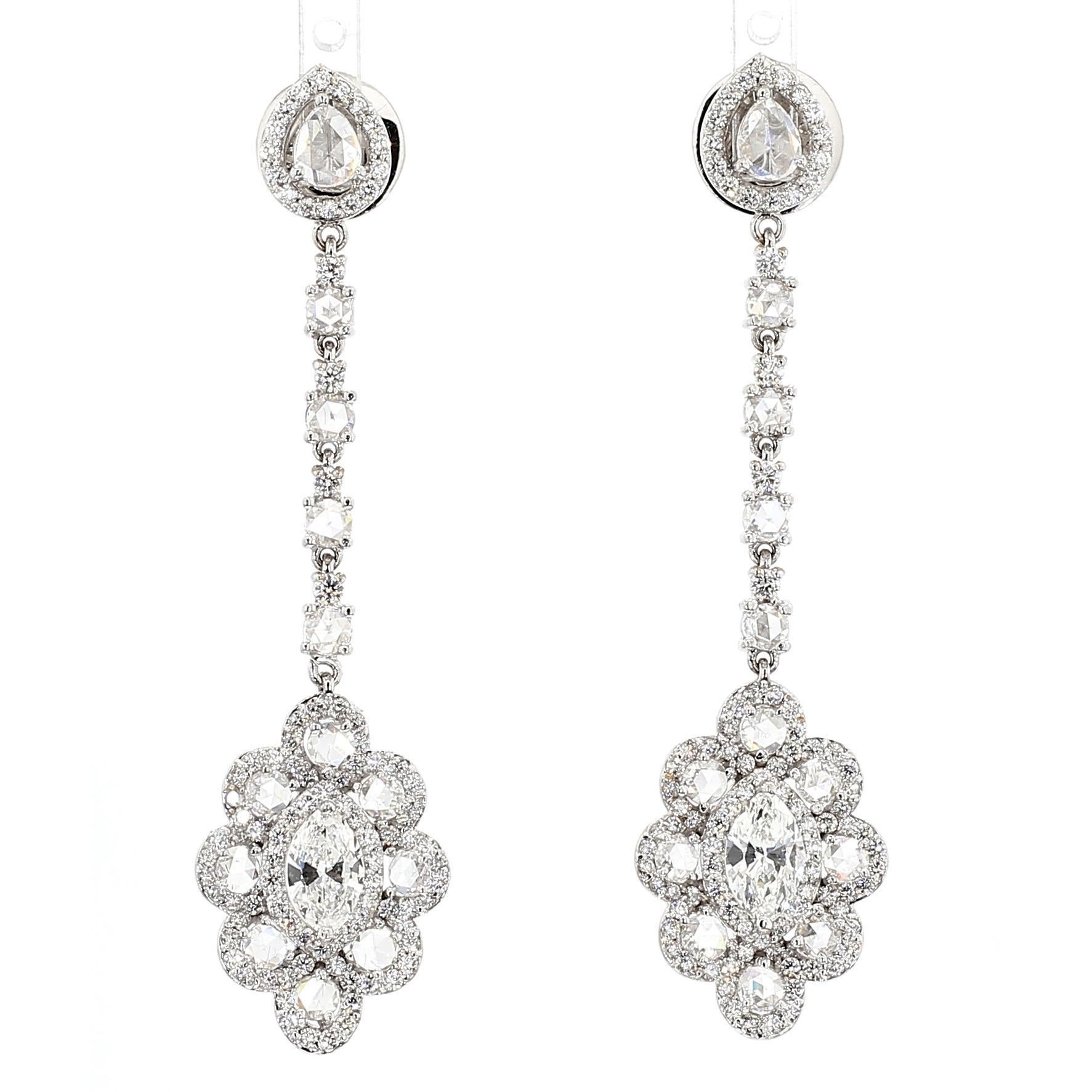 1.50 Carat Marquise and 5 Carat Rose Cut Diamond Earring, 18 Karat Gold in vendita 4