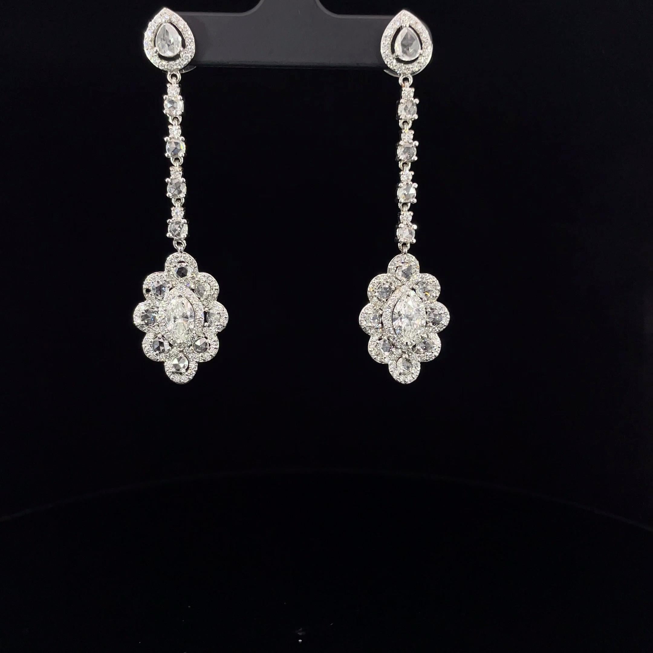 Modern 1.50 Carat Marquise and 5 Carat Rose Cut Diamond Earring, 18 Karat Gold For Sale
