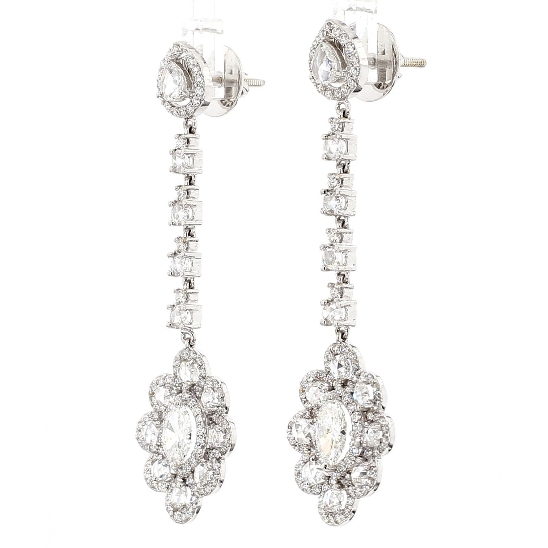 1.50 Carat Marquise and 5 Carat Rose Cut Diamond Earring, 18 Karat Gold in vendita 3
