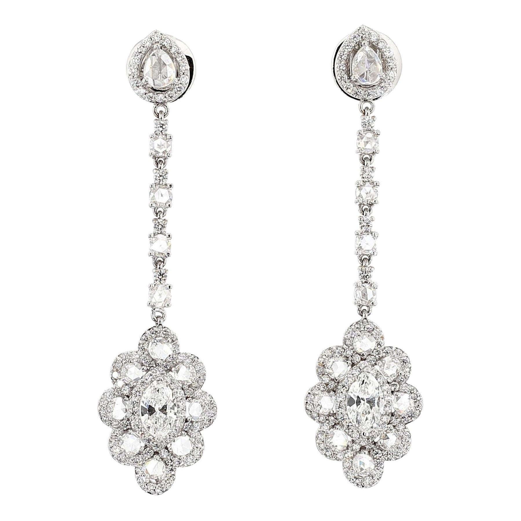 1.50 Carat Marquise and 5 Carat Rose Cut Diamond Earring, 18 Karat Gold For Sale