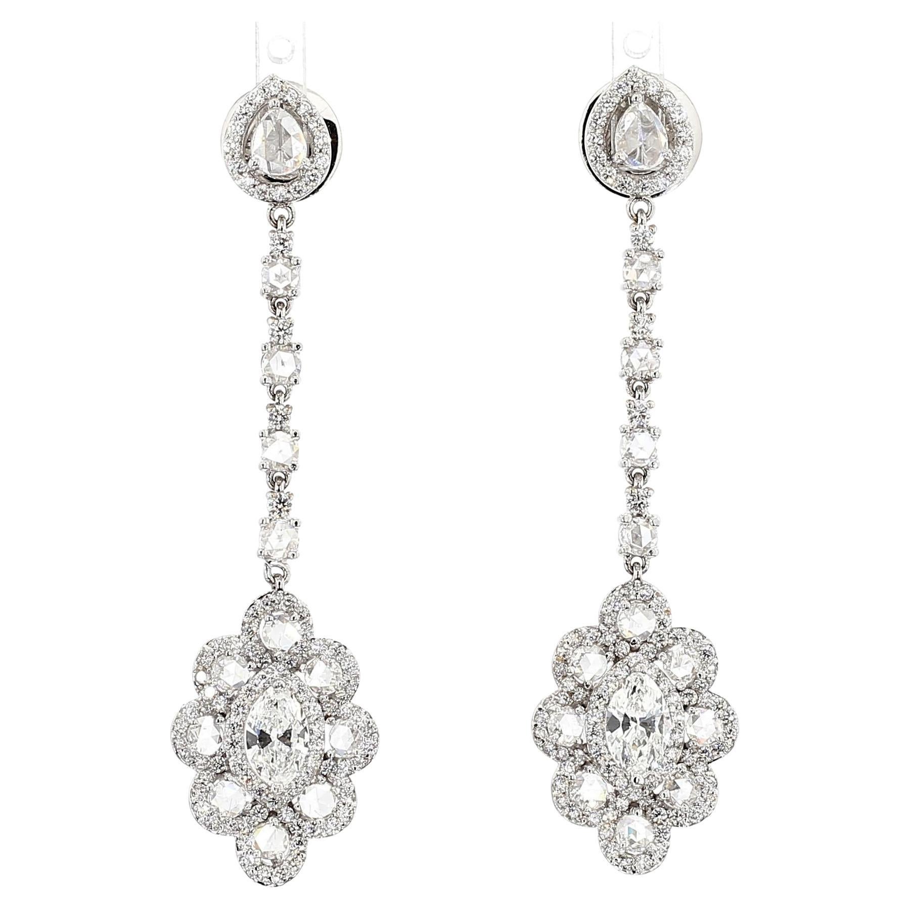 1.50 Carat Marquise and 5 Carat Rose Cut Diamond Earring, 18 Karat Gold
