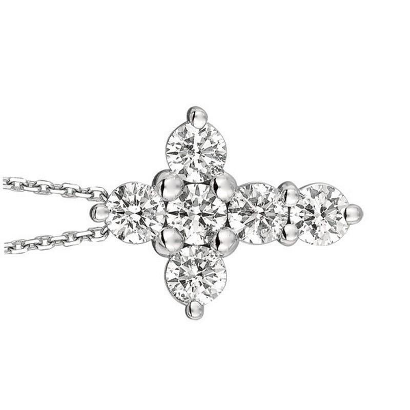 Round Cut 1.50 Carat Natural Diamond Cross Pendant Necklace 14 Karat White Gold G SI Chain For Sale