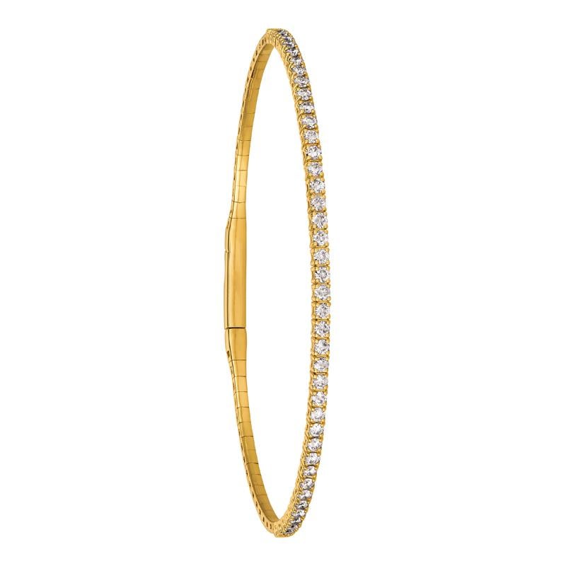 Round Cut 1.50 Carat Natural Diamond Flexible Bangle Bracelet G-H SI 14 Karat Yellow Gold For Sale