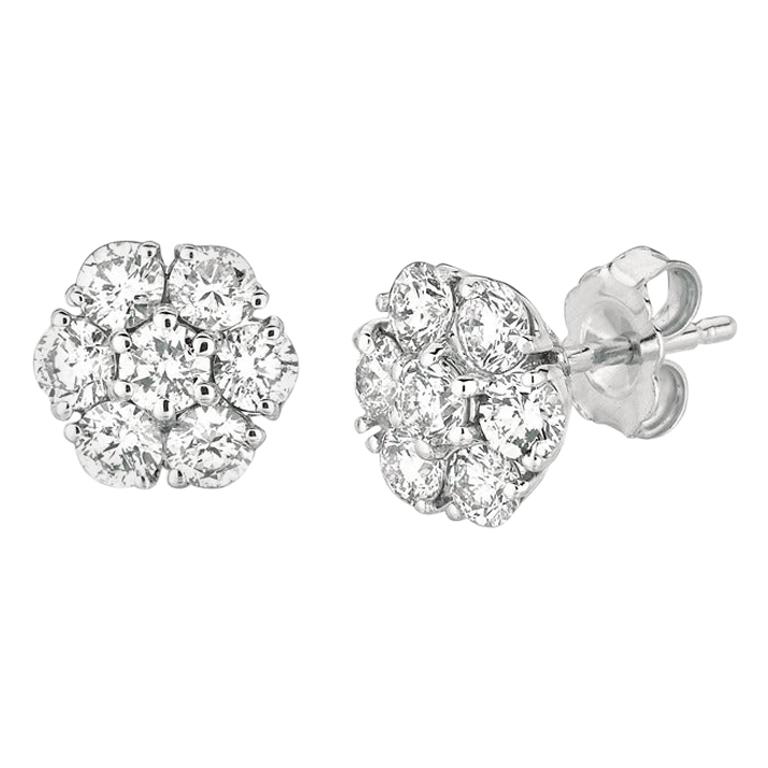 1.50 Carat Natural Diamond Flower Cluster Earrings G SI 14 Karat White Gold For Sale