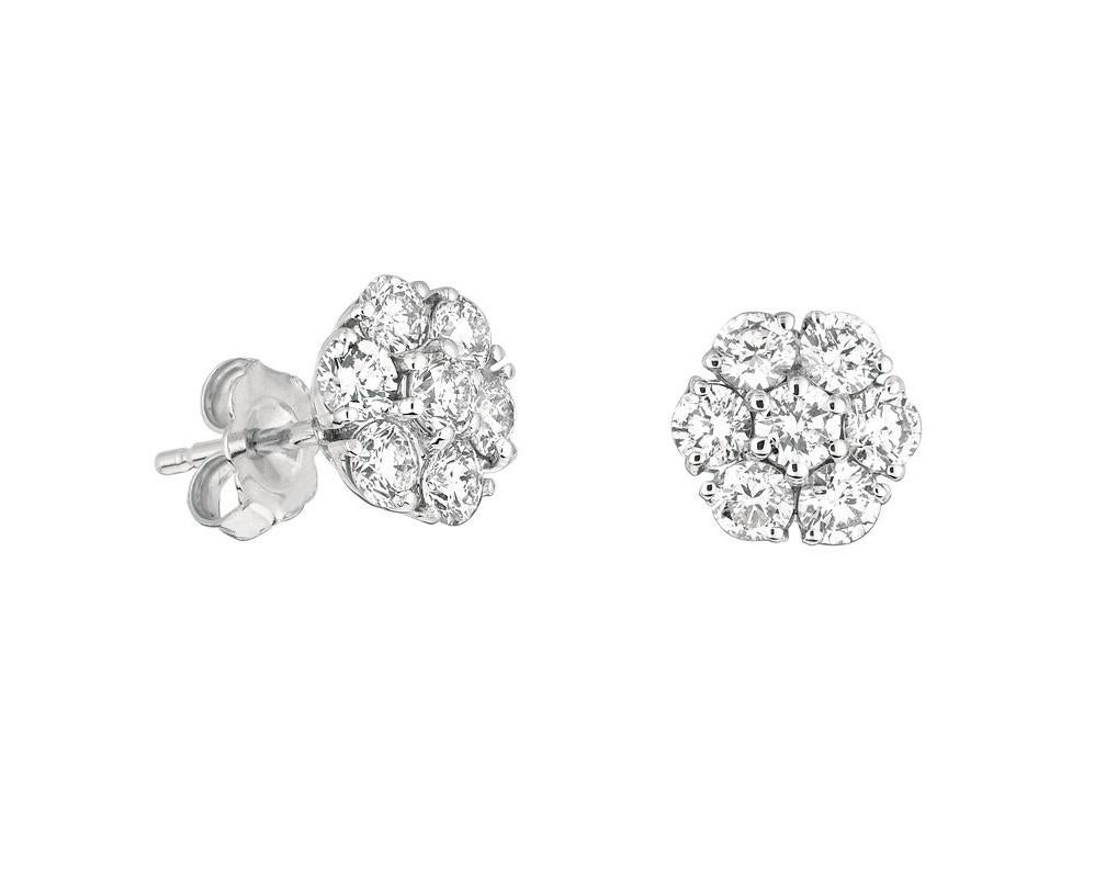 Contemporary 1.50 Carat Natural Diamond Flower Cluster Earrings G SI 14 Karat White Gold For Sale