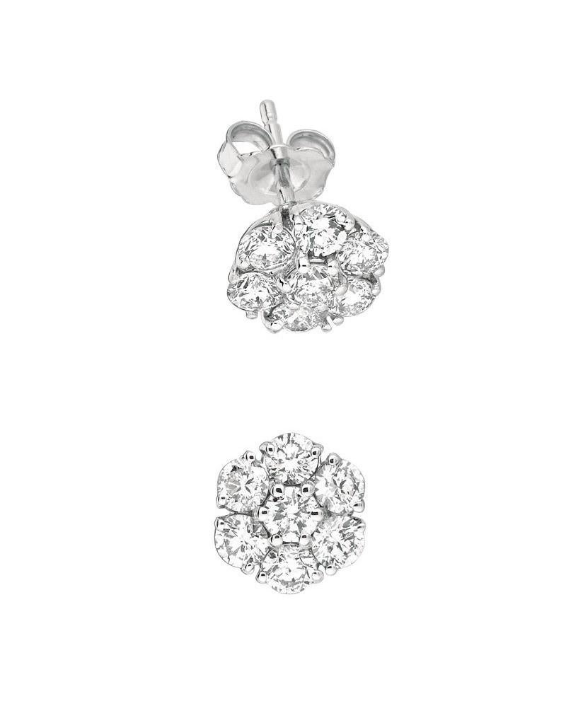 Round Cut 1.50 Carat Natural Diamond Flower Cluster Earrings G SI 14 Karat White Gold For Sale