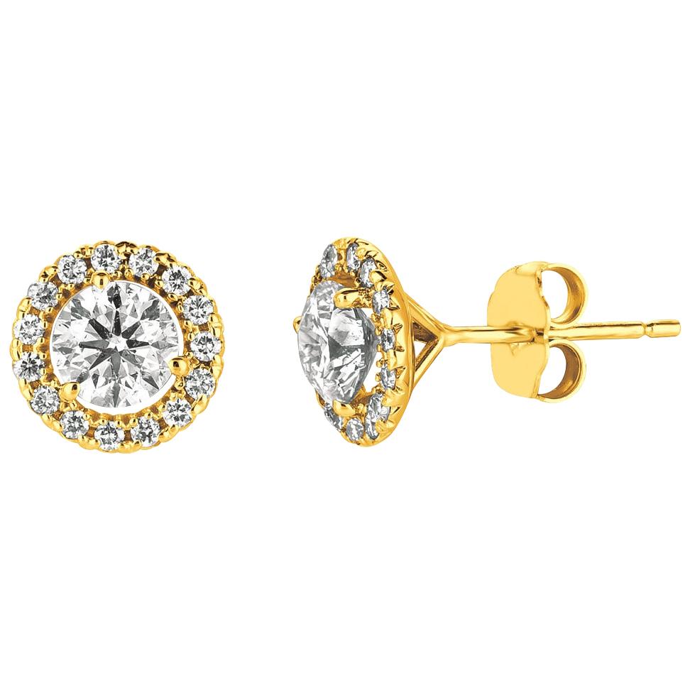 Boucles d'oreilles en or jaune 14 carats avec halo de diamants naturels de 1,50 carat G SI