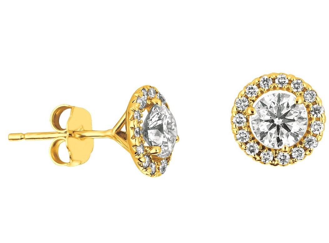 Contemporary 1.50 Carat Natural Diamond Halo Earrings G SI 14 Karat Yellow Gold For Sale