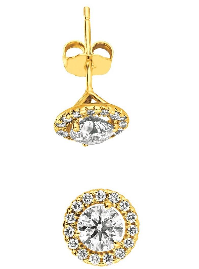 Round Cut 1.50 Carat Natural Diamond Halo Earrings G SI 14 Karat Yellow Gold For Sale