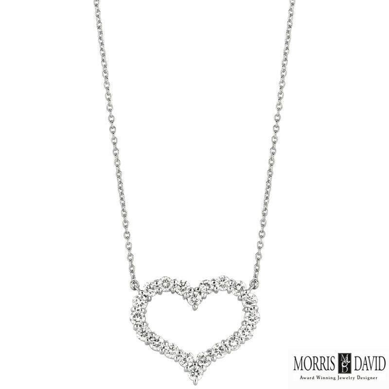 Round Cut 1.50 Carat Natural Diamond Heart Necklace 14 Karat White Gold Chain For Sale