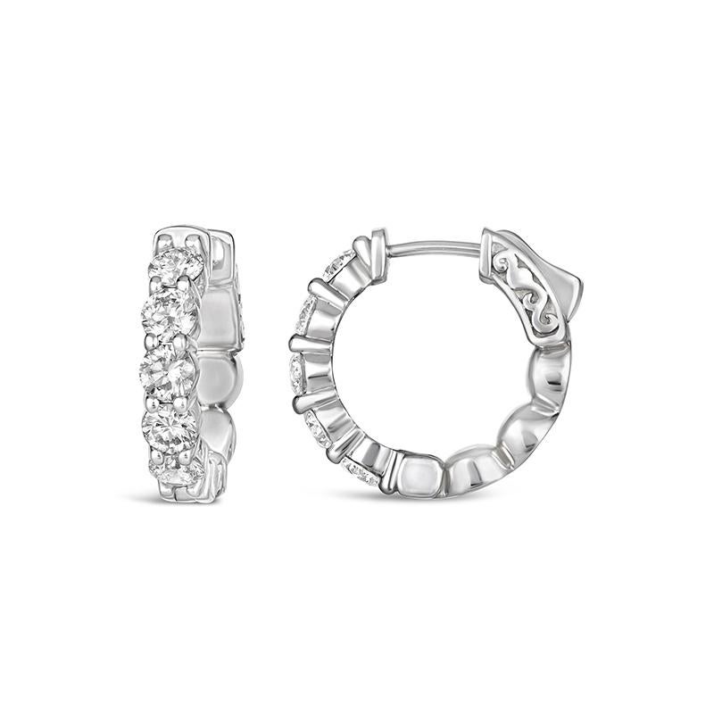 Round Cut 1.50 Carat Natural Diamond Huggie Earrings Hoops G SI 14K White Gold For Sale