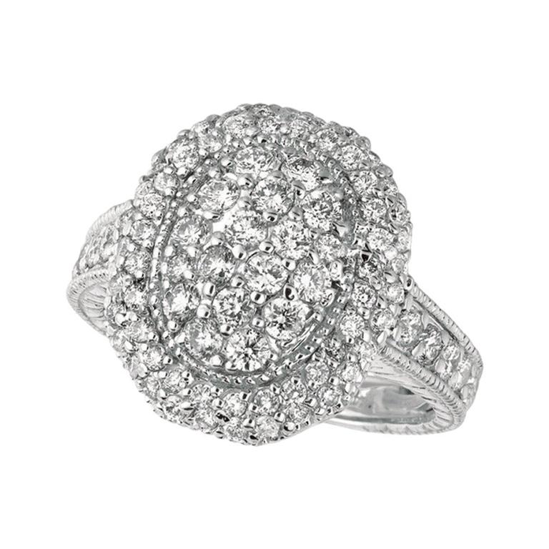 Bague en or blanc 14 carats avec grappe de diamants ovales naturels de 1,50 carat G SI