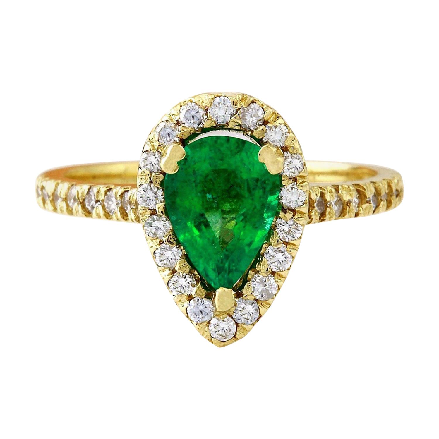 1.50 Natural Emerald 14 Karat Solid Yellow Gold Diamond Ring For Sale
