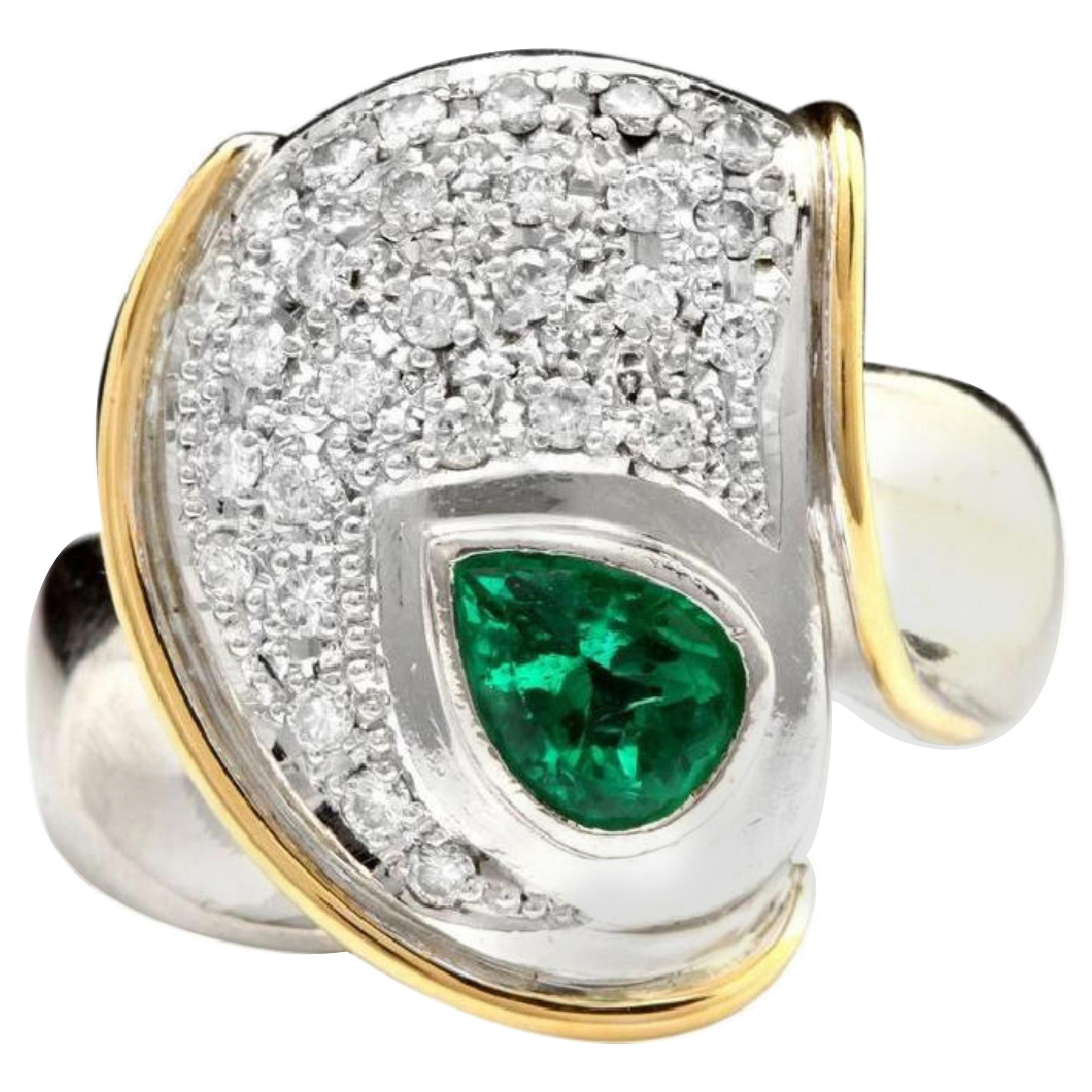 1.50 Carat Natural Emerald and Diamond Platinum Two-Tone Ring