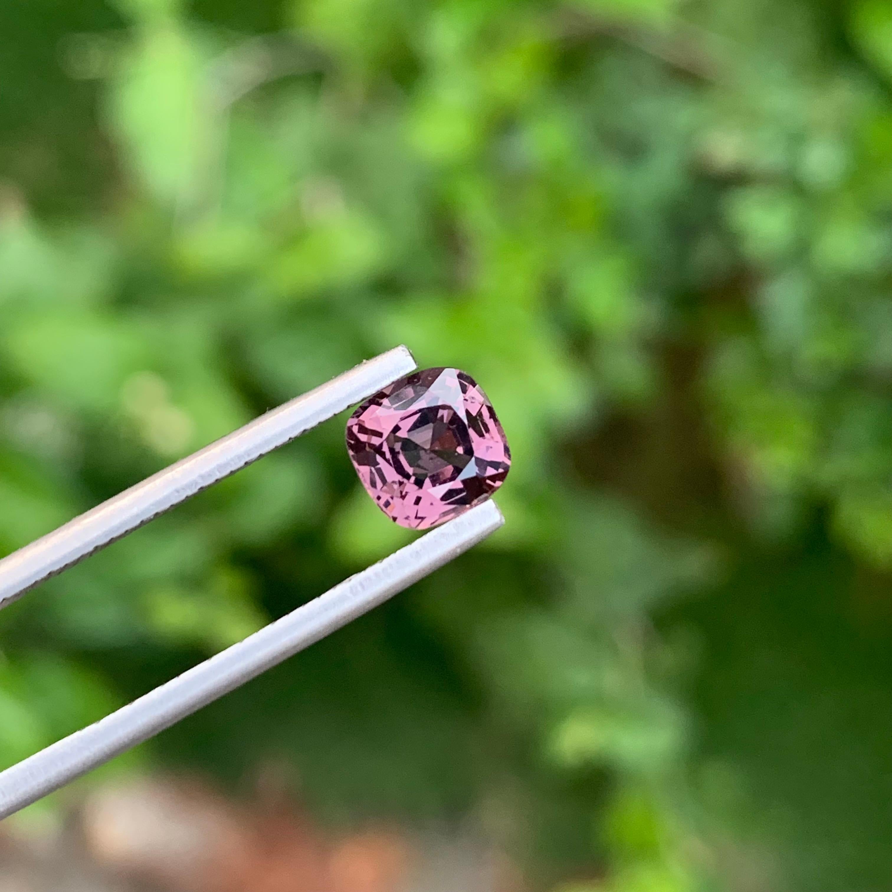 Faceted Spinel
Weight: 1.50 Carats
Dimension: 6.6 x 6.4 x 4 Mm
Origin: Madagascar 
Shape: Cushion
Color: Pinkish Gray 
Treatment: Non / Natural
Certificate: On Demand
.
The red spinel gemstone is linked to the root chakra and is beneficial in