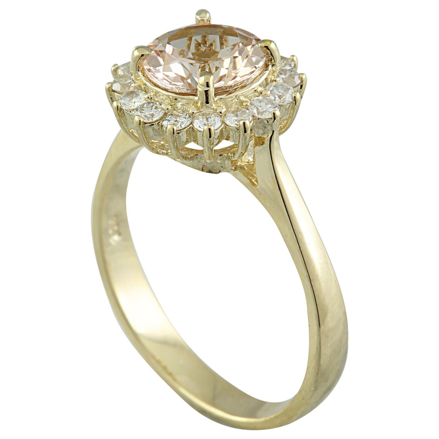 Round Cut 1.50 Carat Natural Morganite 14 Karat Solid Yellow Gold Diamond Ring For Sale