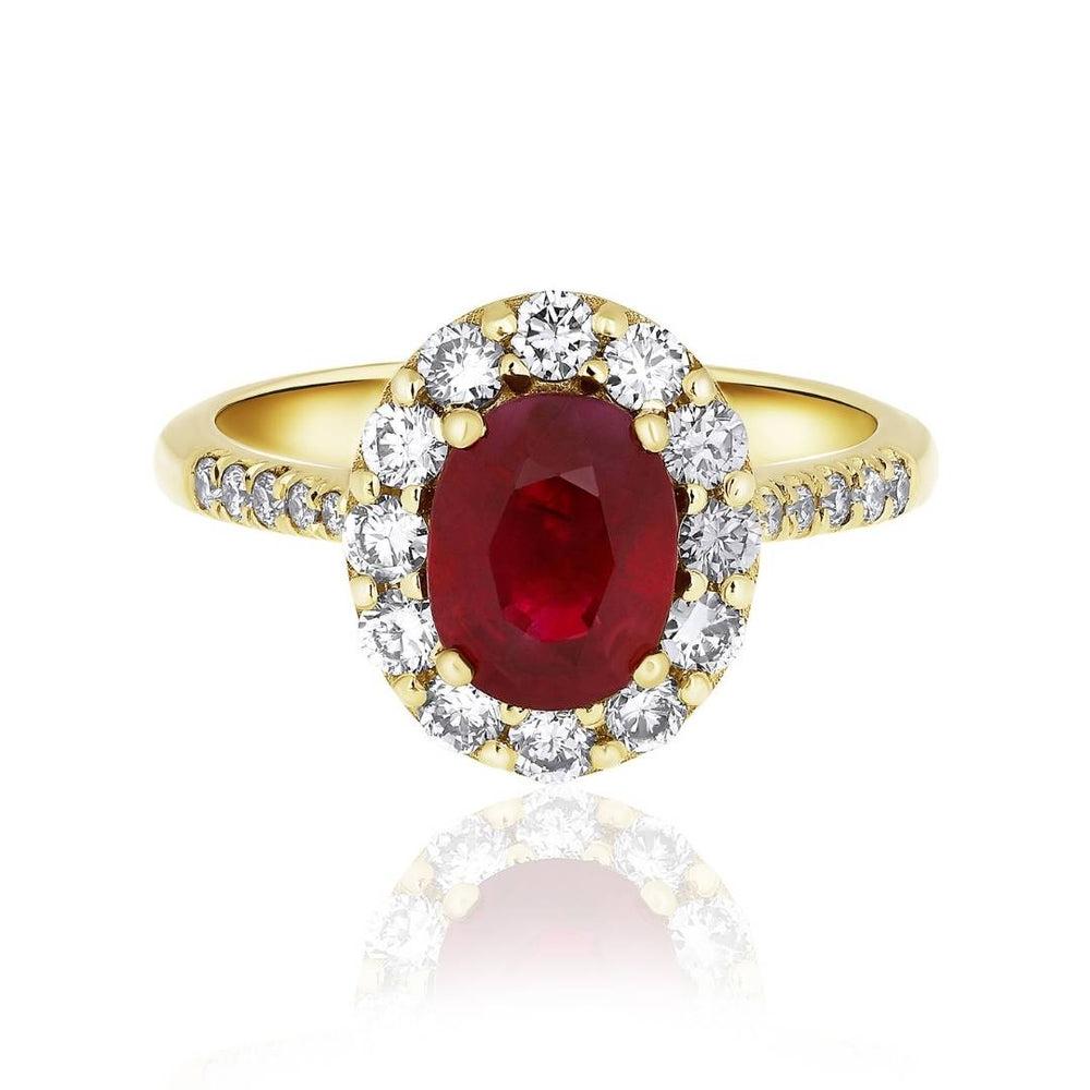 For Sale:  1.50 Carat Natural Oval-Cut Ruby & 0.55 Carat Diamond Ring in 14k Yellow Gold 2