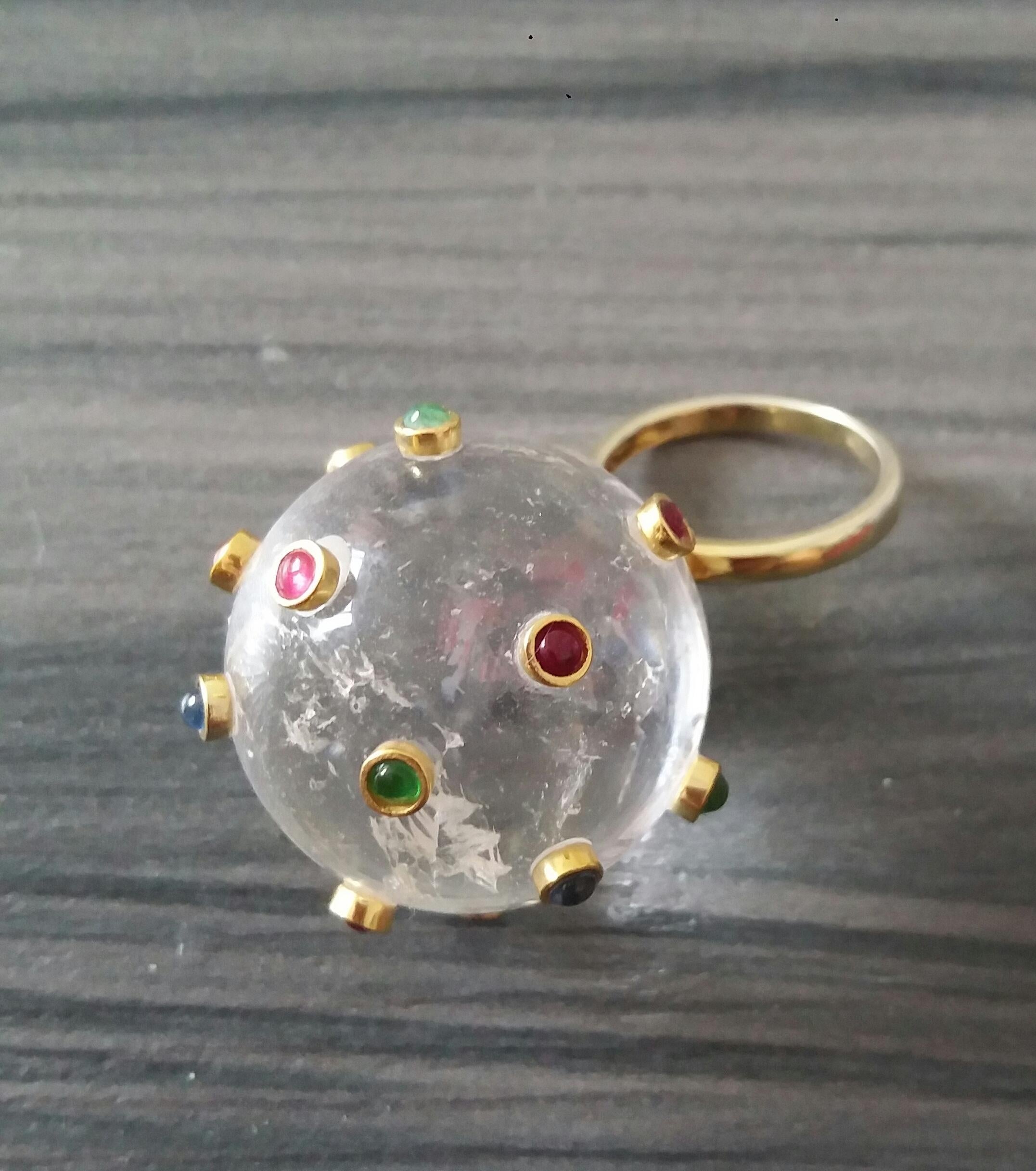 150 Carat Natural Quartz Ball Rubies Emeralds Sapphires Round Cabs 14K Gold Ring For Sale 4