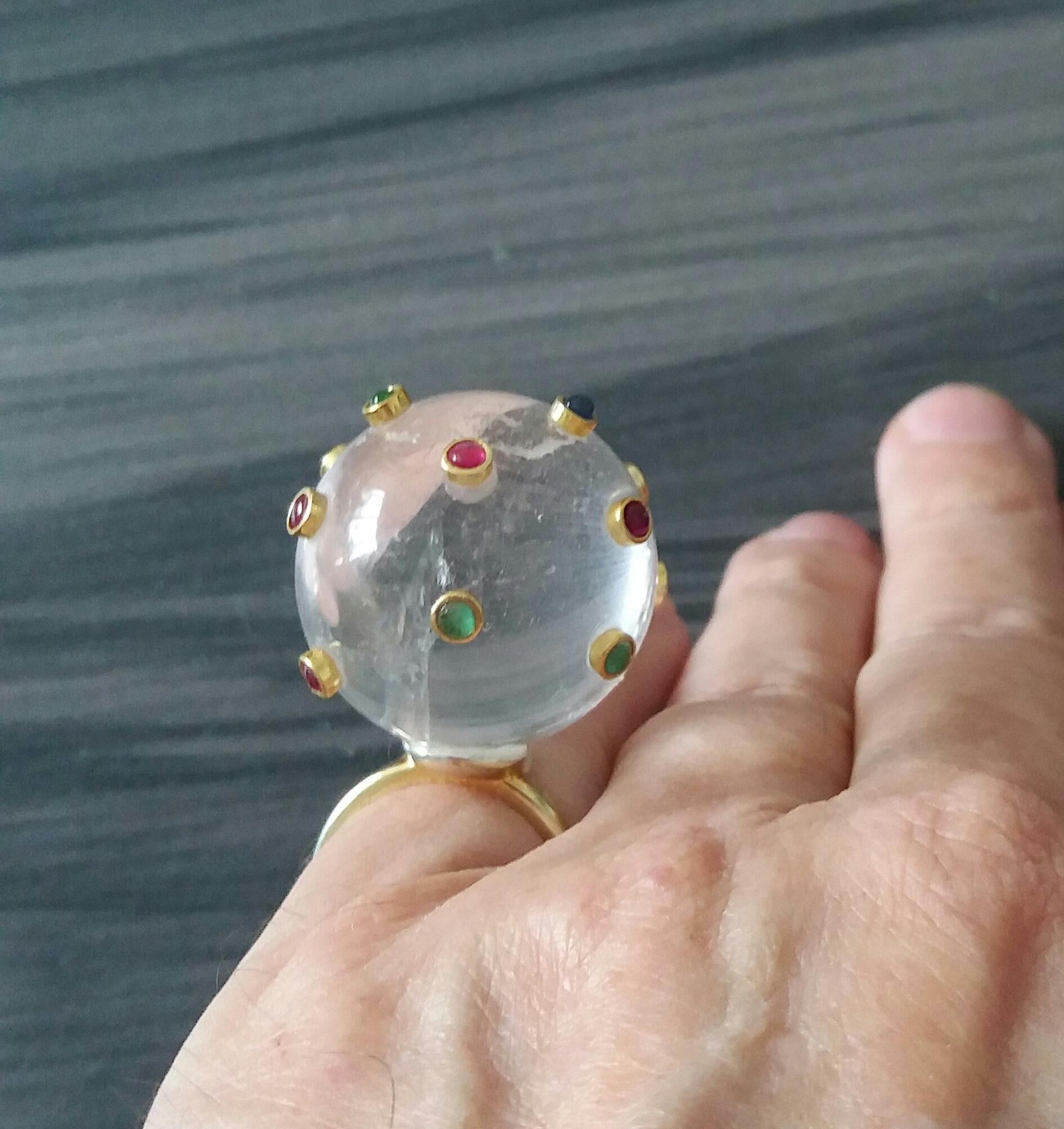 150 Carat Natural Quartz Ball Rubies Emeralds Sapphires Round Cabs 14K Gold Ring For Sale 6