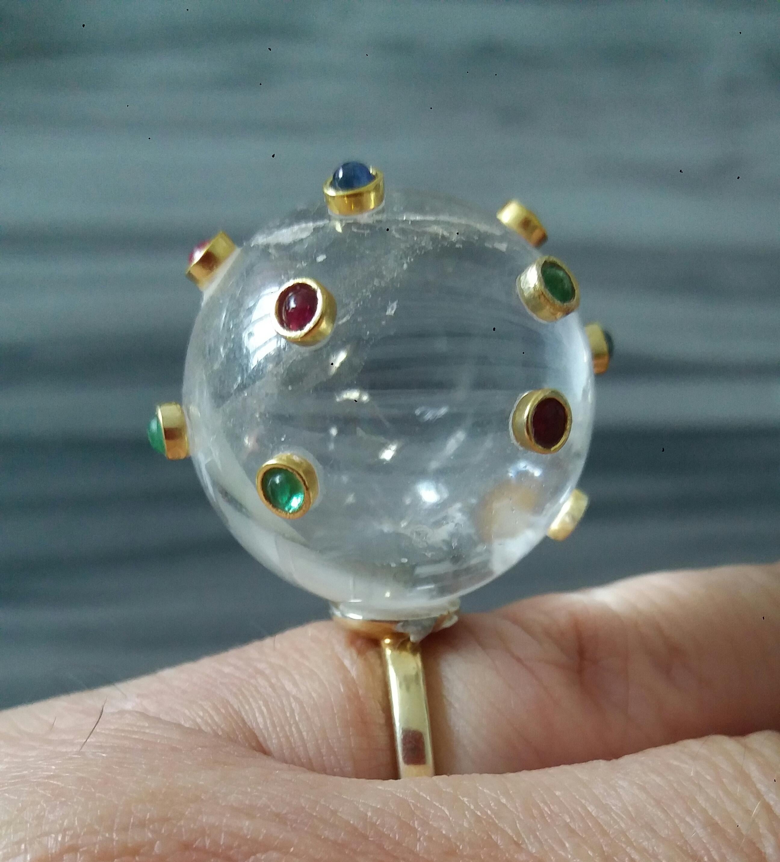 150 Carat Natural Quartz Ball Rubies Emeralds Sapphires Round Cabs 14K Gold Ring For Sale 7