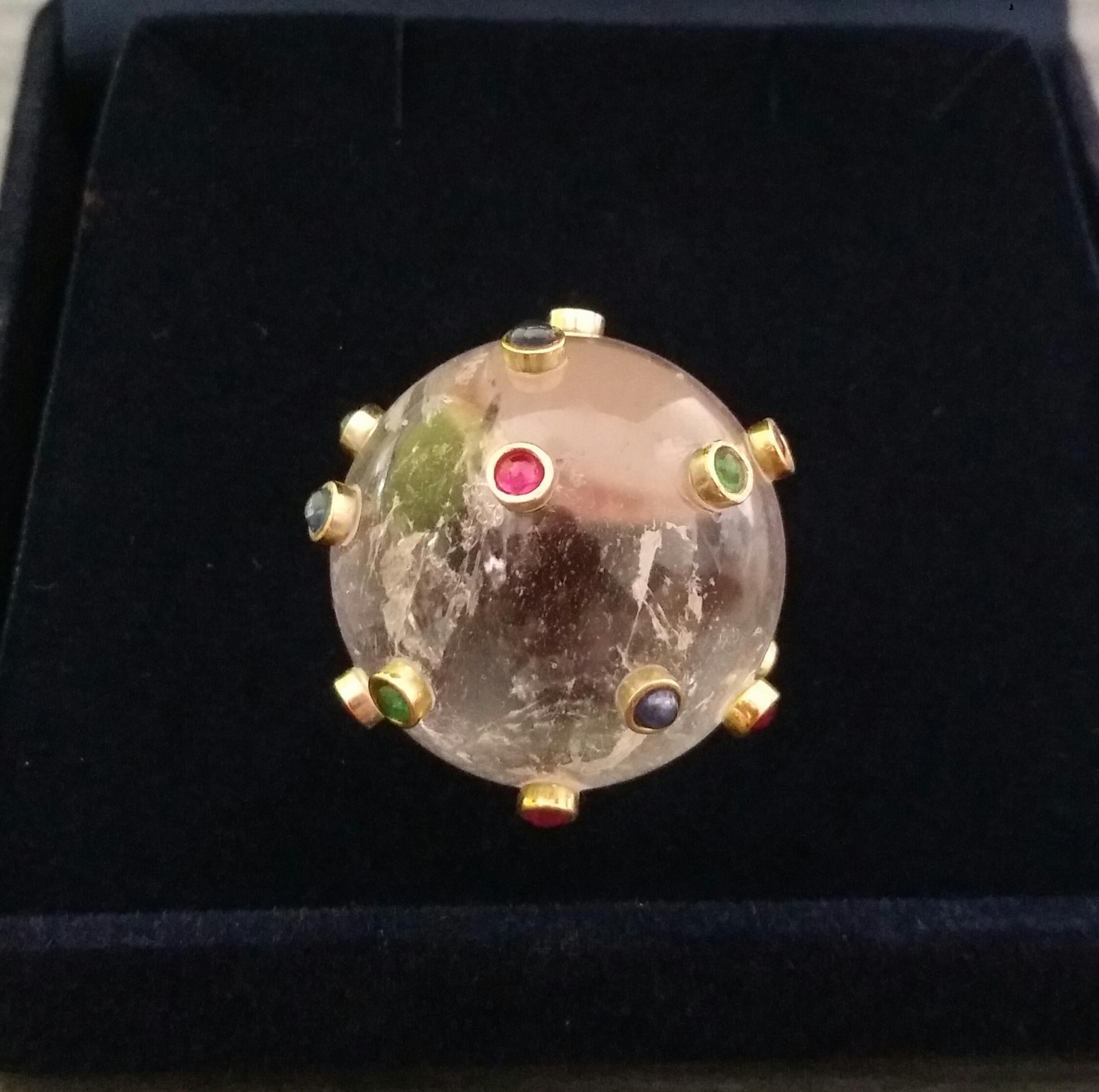 150 Carat Natural Quartz Ball Rubies Emeralds Sapphires Round Cabs 14K Gold Ring For Sale 8