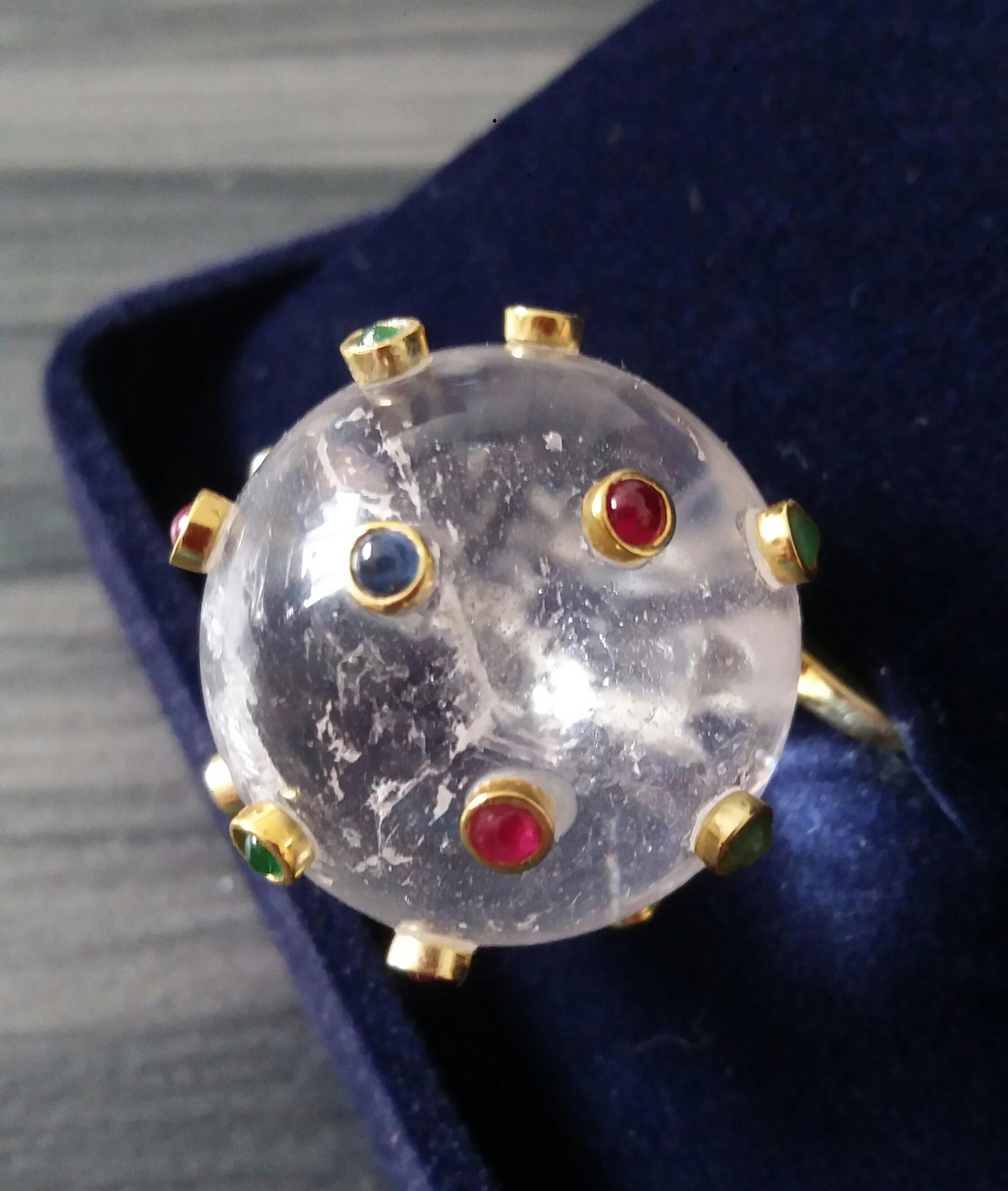 150 Carat Natural Quartz Ball Rubies Emeralds Sapphires Round Cabs 14K Gold Ring For Sale 9