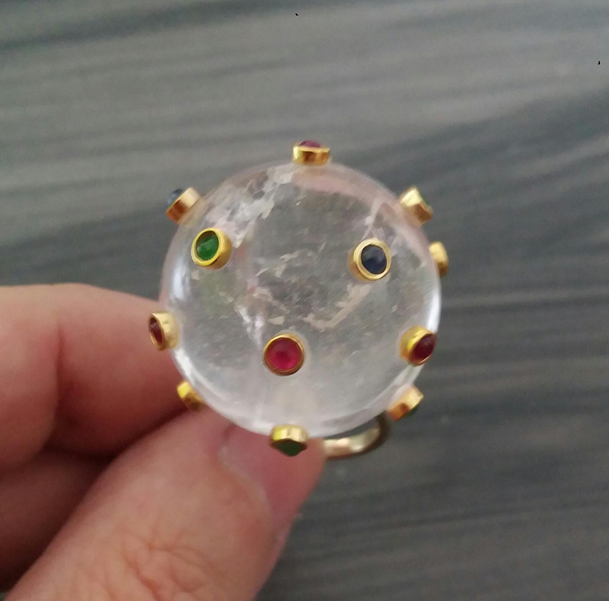 150 Carat Natural Quartz Ball Rubies Emeralds Sapphires Round Cabs 14K Gold Ring For Sale 11