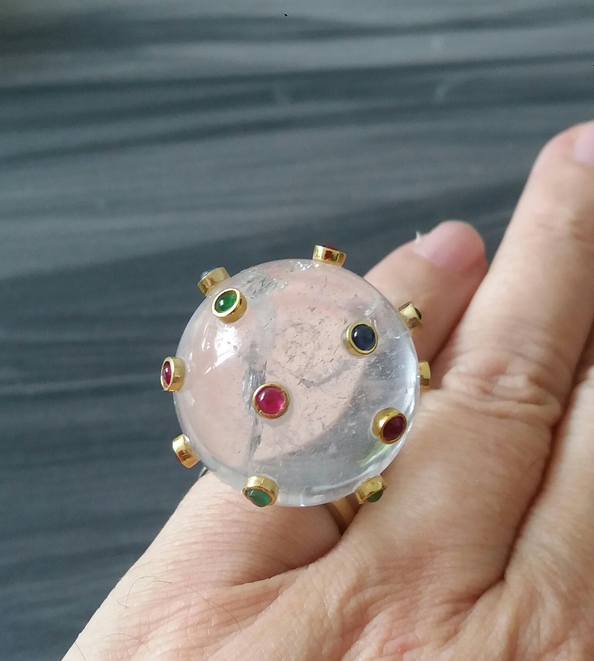 150 Carat Natural Quartz Ball Rubies Emeralds Sapphires Round Cabs 14K Gold Ring For Sale 13