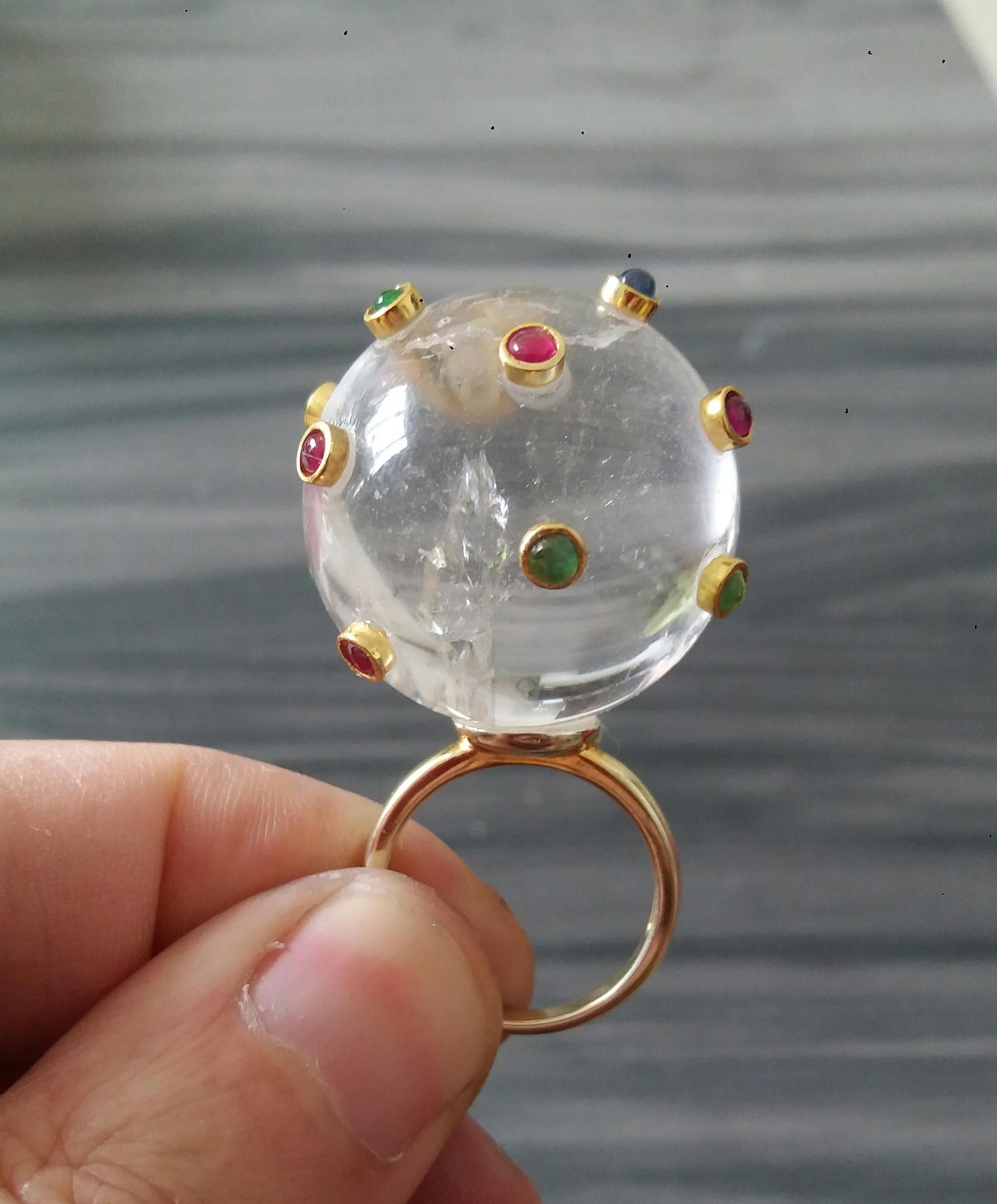 150 Carat Natural Quartz Ball Rubies Emeralds Sapphires Round Cabs 14K Gold Ring For Sale 14