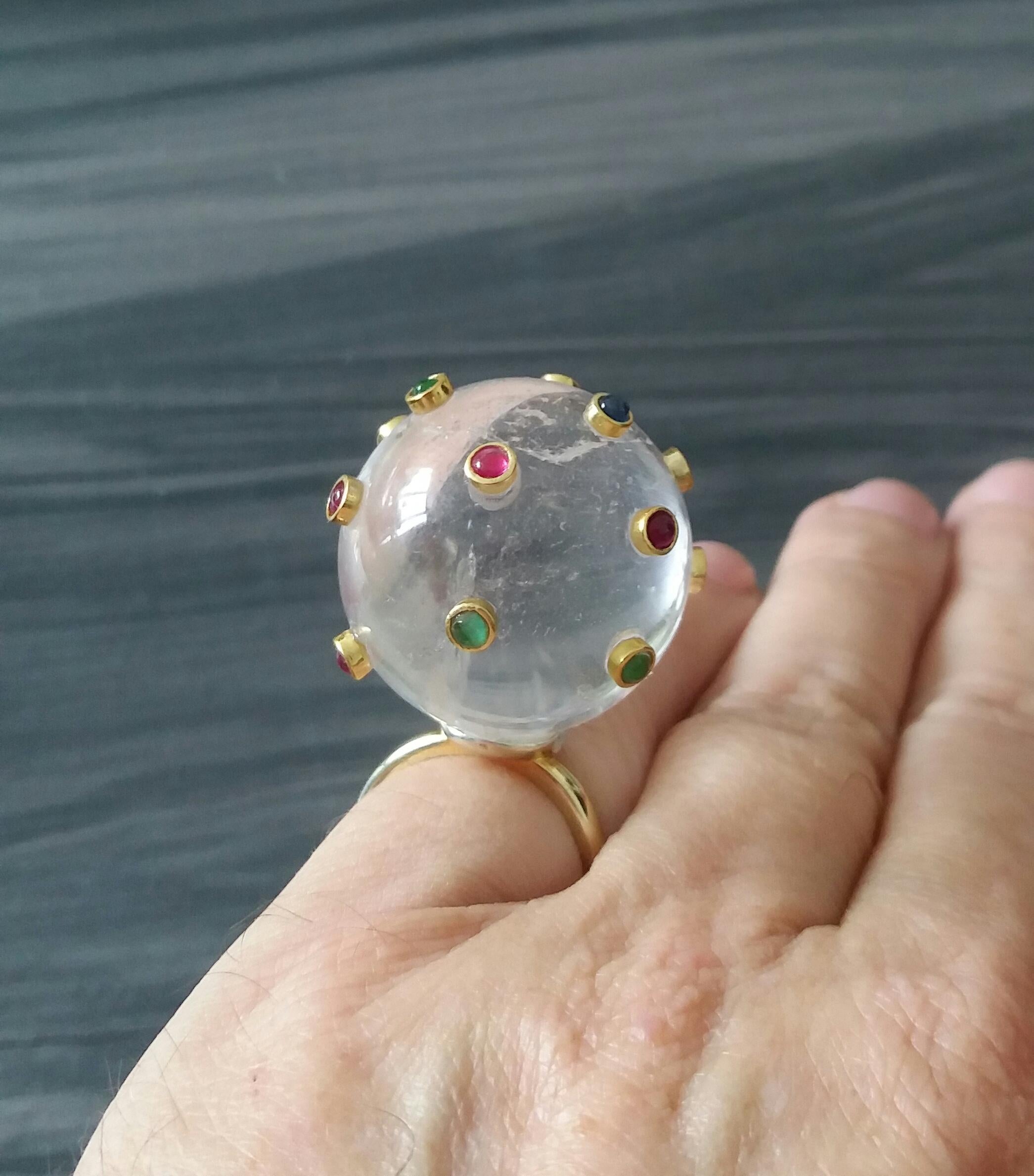 Art Deco 150 Carat Natural Quartz Ball Rubies Emeralds Sapphires Round Cabs 14K Gold Ring For Sale
