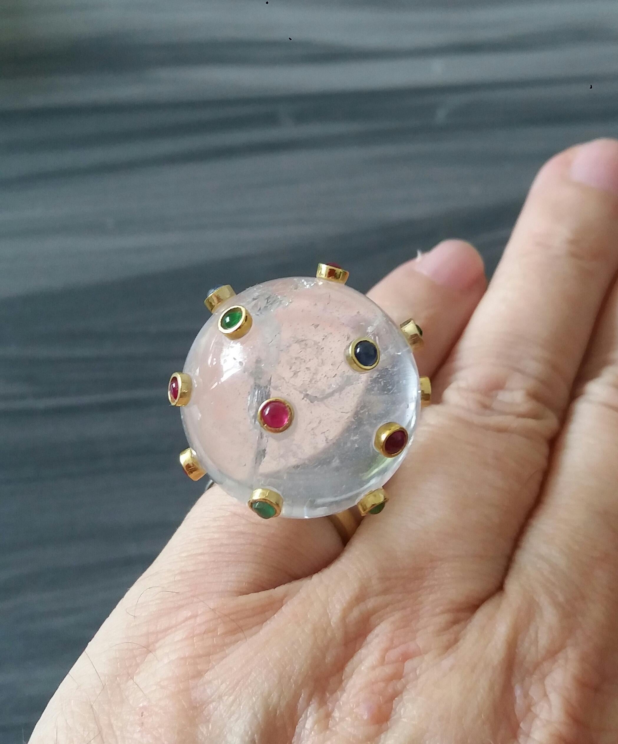 Round Cut 150 Carat Natural Quartz Ball Rubies Emeralds Sapphires Round Cabs 14K Gold Ring For Sale