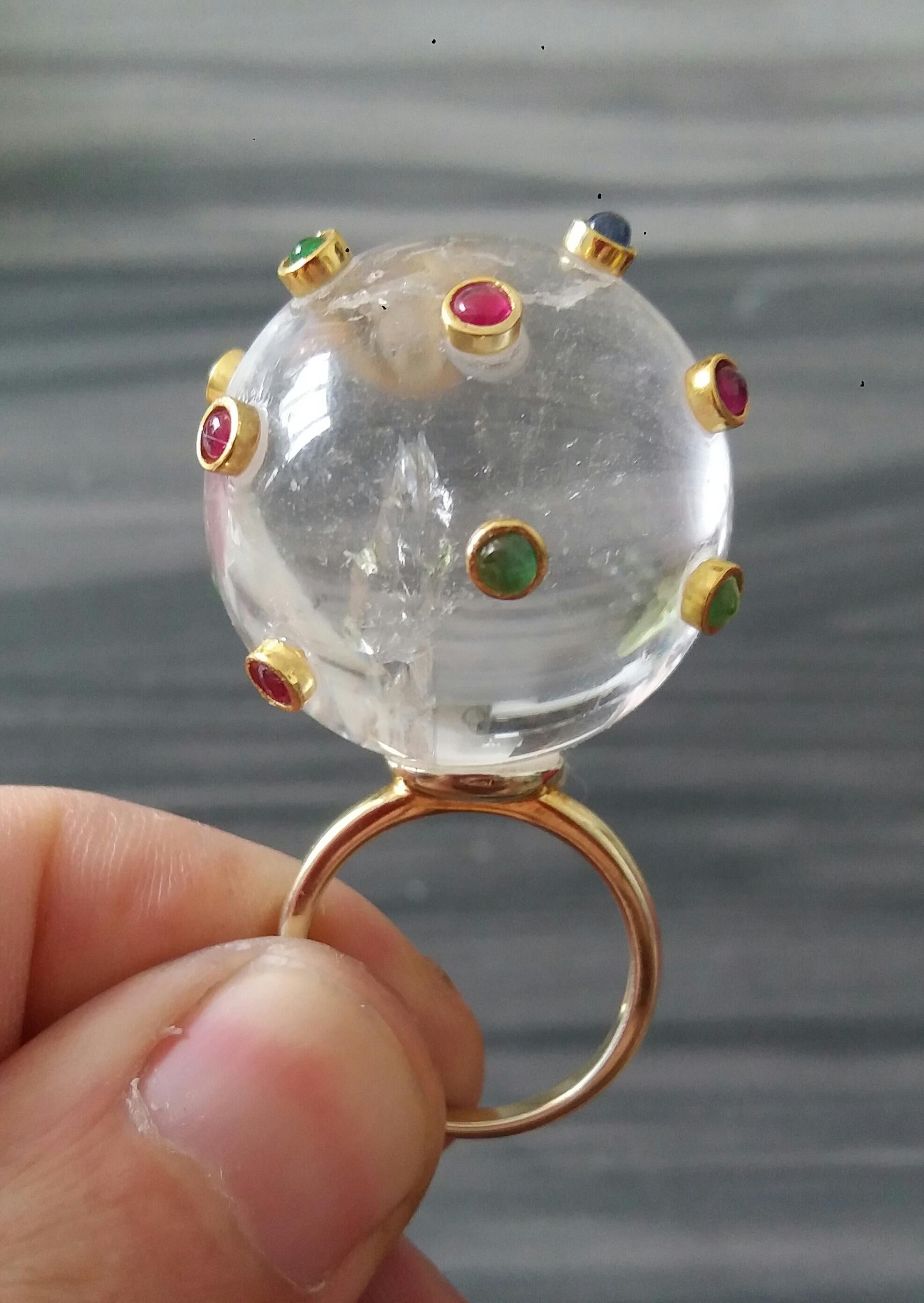 150 Carat Natural Quartz Ball Rubies Emeralds Sapphires Round Cabs 14K Gold Ring In Excellent Condition For Sale In Bangkok, TH