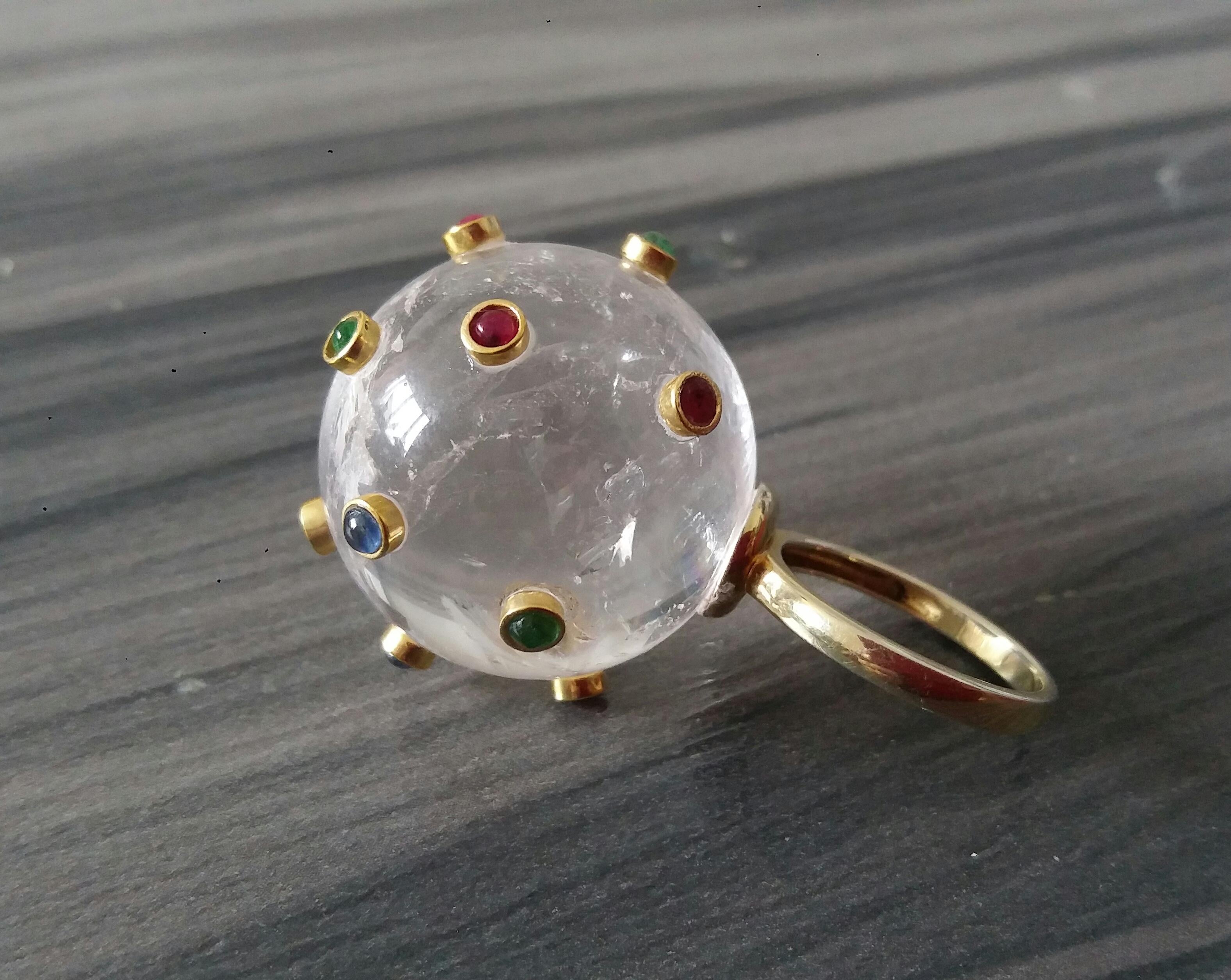 150 Carat Natural Quartz Ball Rubies Emeralds Sapphires Round Cabs 14K Gold Ring For Sale 3