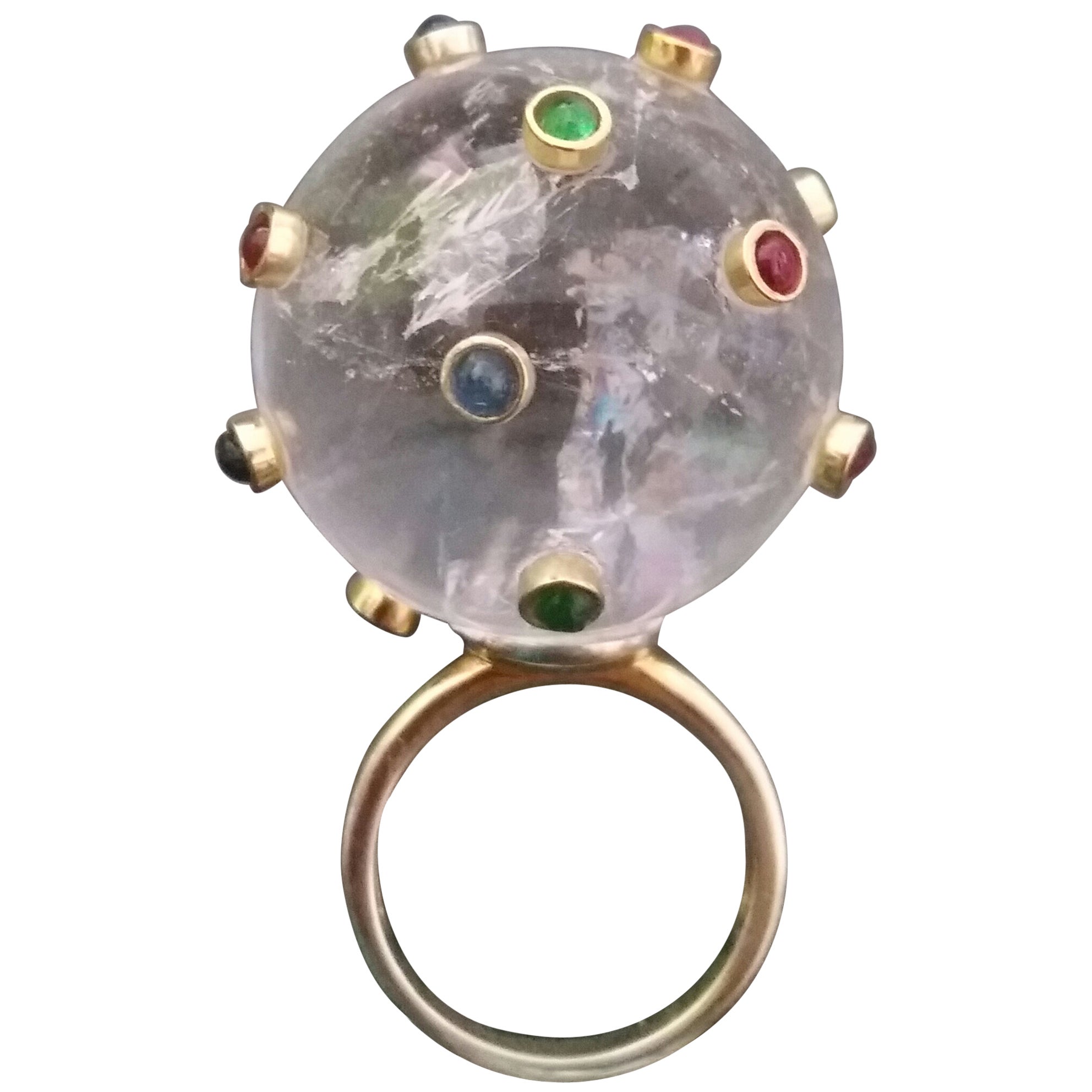 150 Carat Natural Quartz Ball Rubies Emeralds Sapphires Round Cabs 14K Gold Ring For Sale