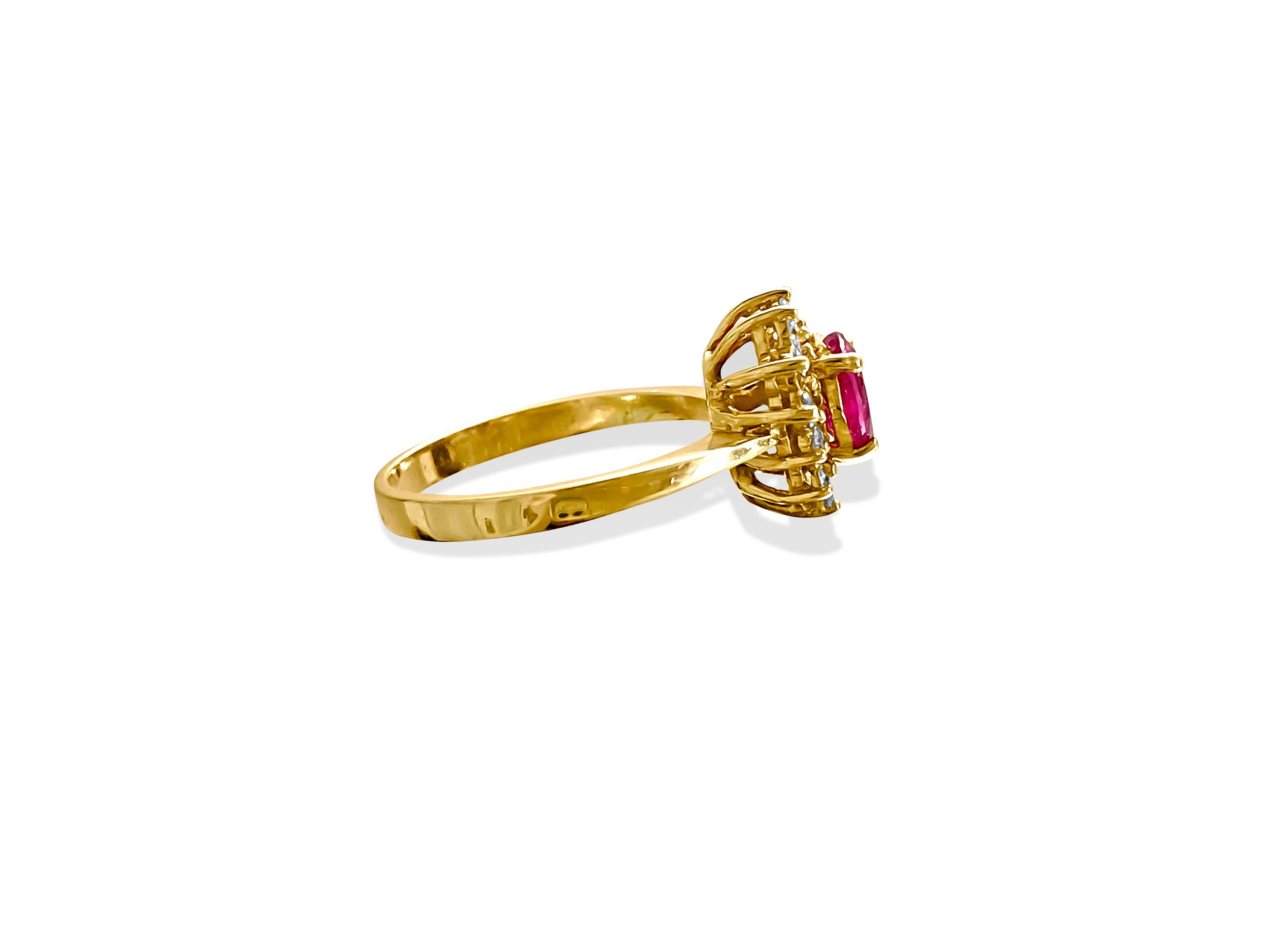 Metal: 14K yellow gold.
Gemstones: Exquisite marquise cut Ruby. Round brilliant cut diamonds.
Setting: All precious stones expertly set in secure prongs.
Diamond Details: High-quality diamonds with exceptional brilliance.
Round brilliant cut for