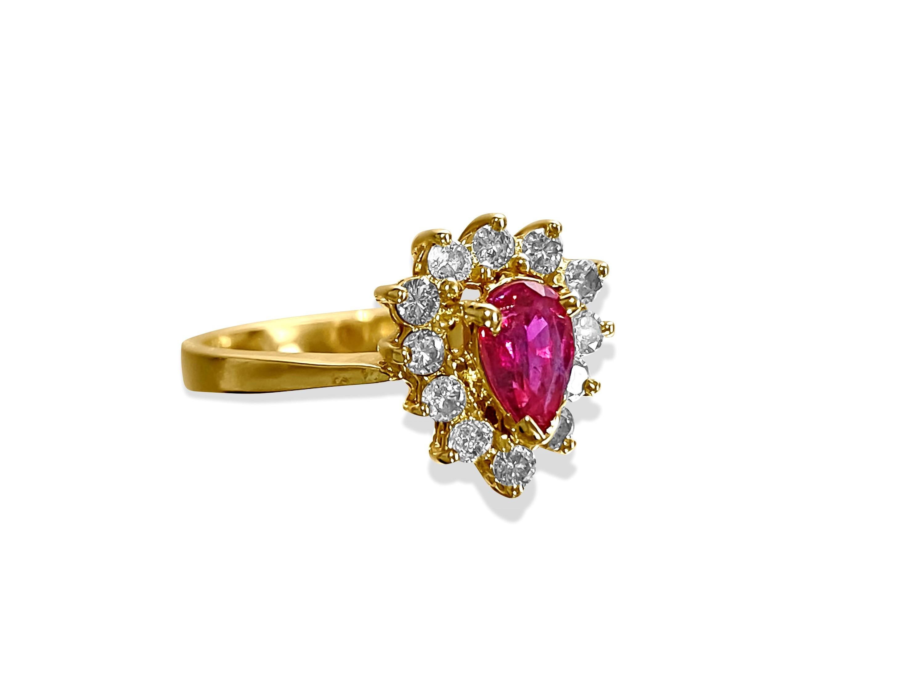 Metal: 14K yellow gold. 

Natural earth mined ruby. Pear shape.
Natural earth mined diamonds. Round brilliant cut. 

Total carat weight of all stones:  1.50 carats (approx)

Free ring resizing available.  
