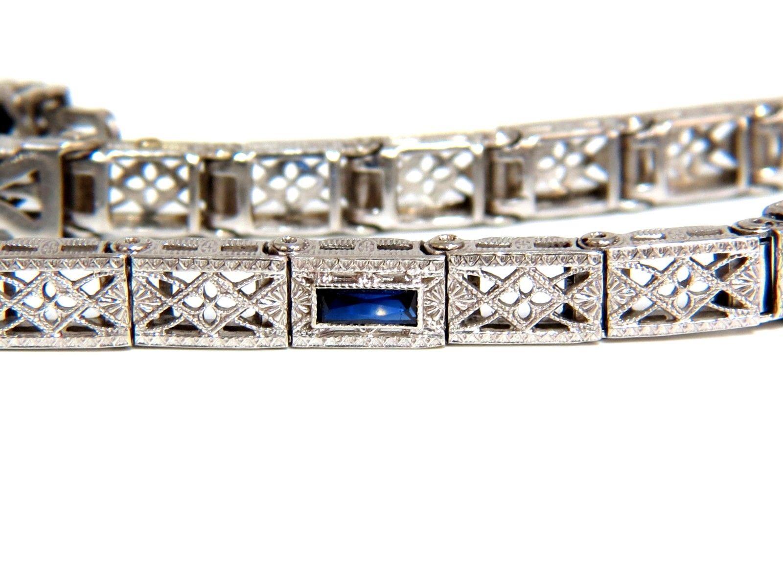 Vintage Sapphire Bracelet

1.50ct. Natural Blue Sapphires

Full Round cuts, great sparkle.

Average Each: 5.2mm diameter

Clean Clarity & Transparent.

Vivid Blues and Prime Saturation.

Secure pressure clasp and safety catch.

11.4 grams.

14kt.