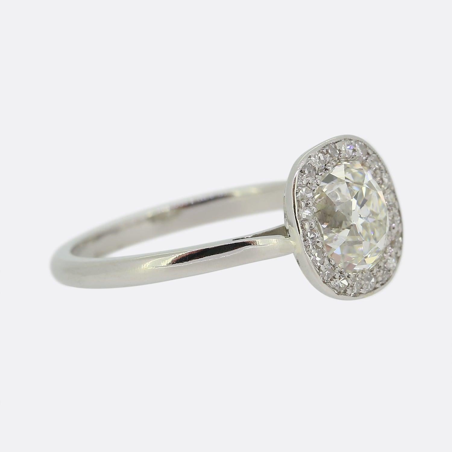 Art Deco 1.50 Carat Old Cushion Cut Diamond Halo Ring For Sale