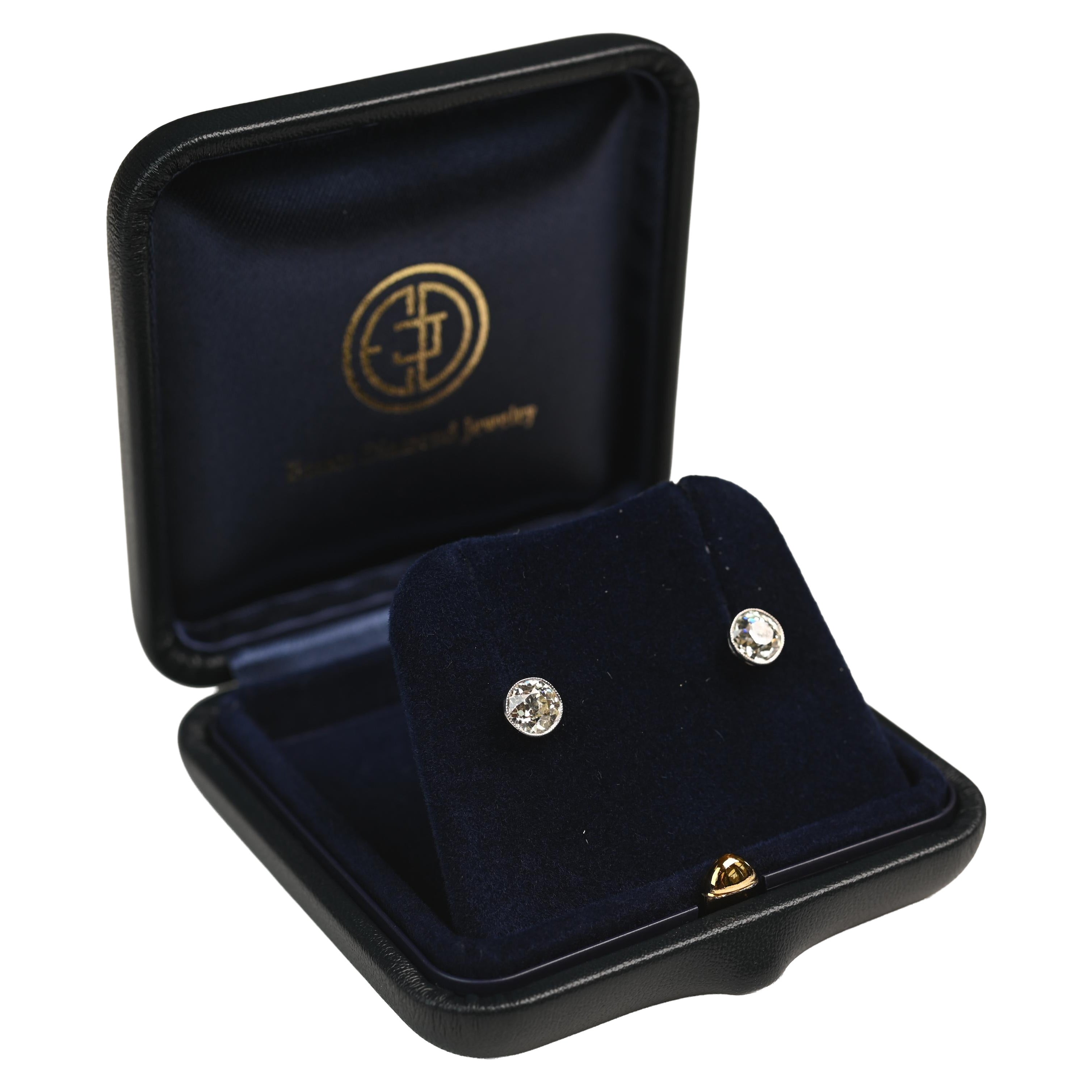 1.50 Carat Old European Cut Earring. L VS1 SI1 Diamond Stud Earring Platinum For Sale
