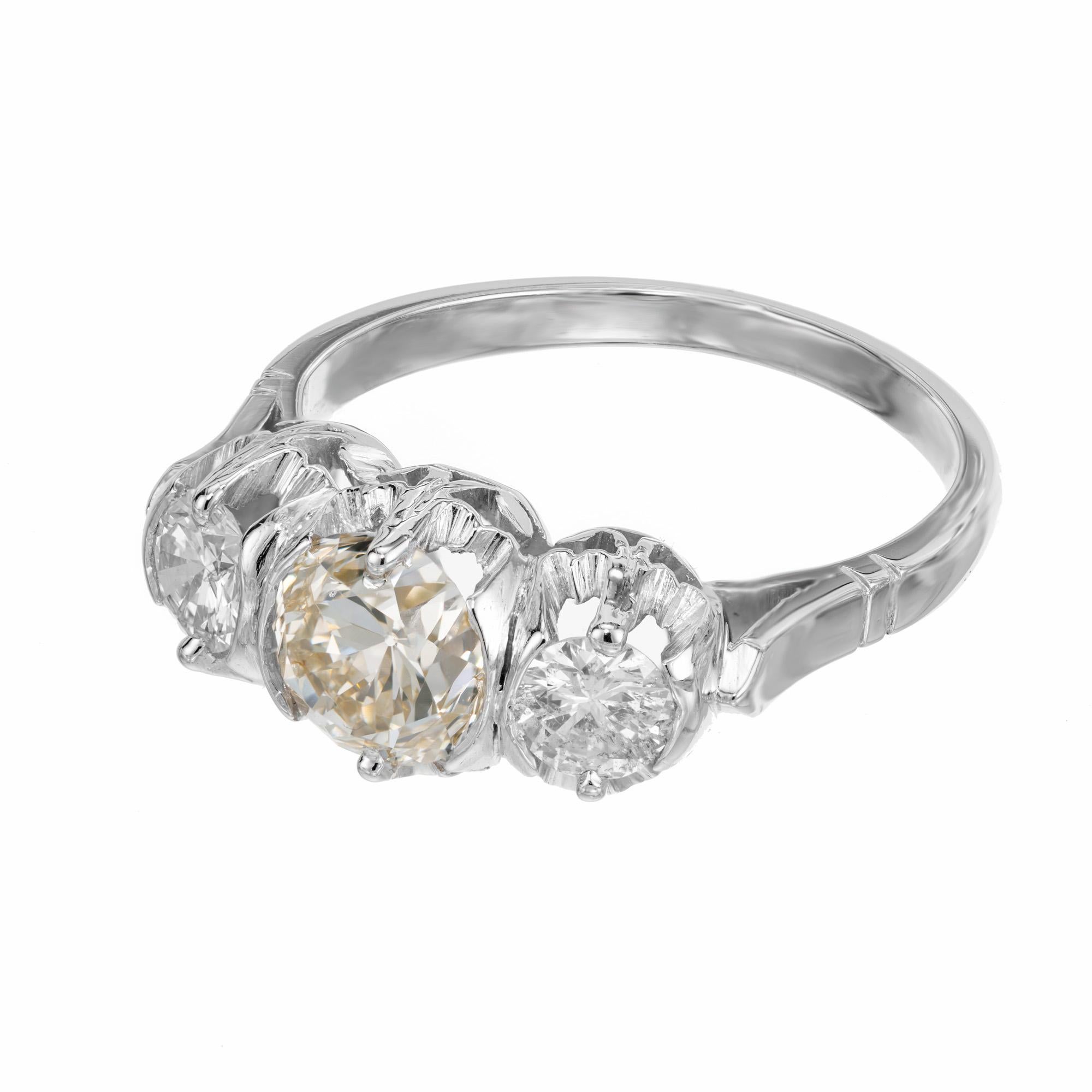 Old European Cut 1.50 Carat Old European Diamond Platinum Art Deco Three-Stone Engagement Ring For Sale