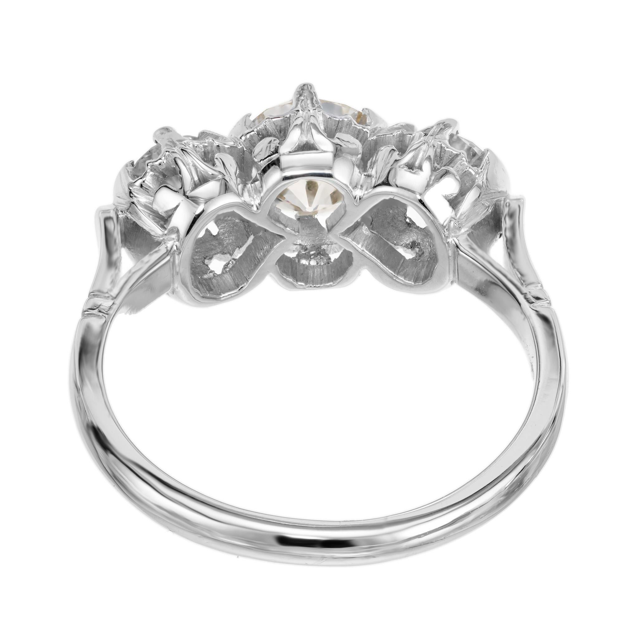 1.50 Carat Old European Diamond Platinum Art Deco Three-Stone Engagement Ring In Good Condition For Sale In Stamford, CT