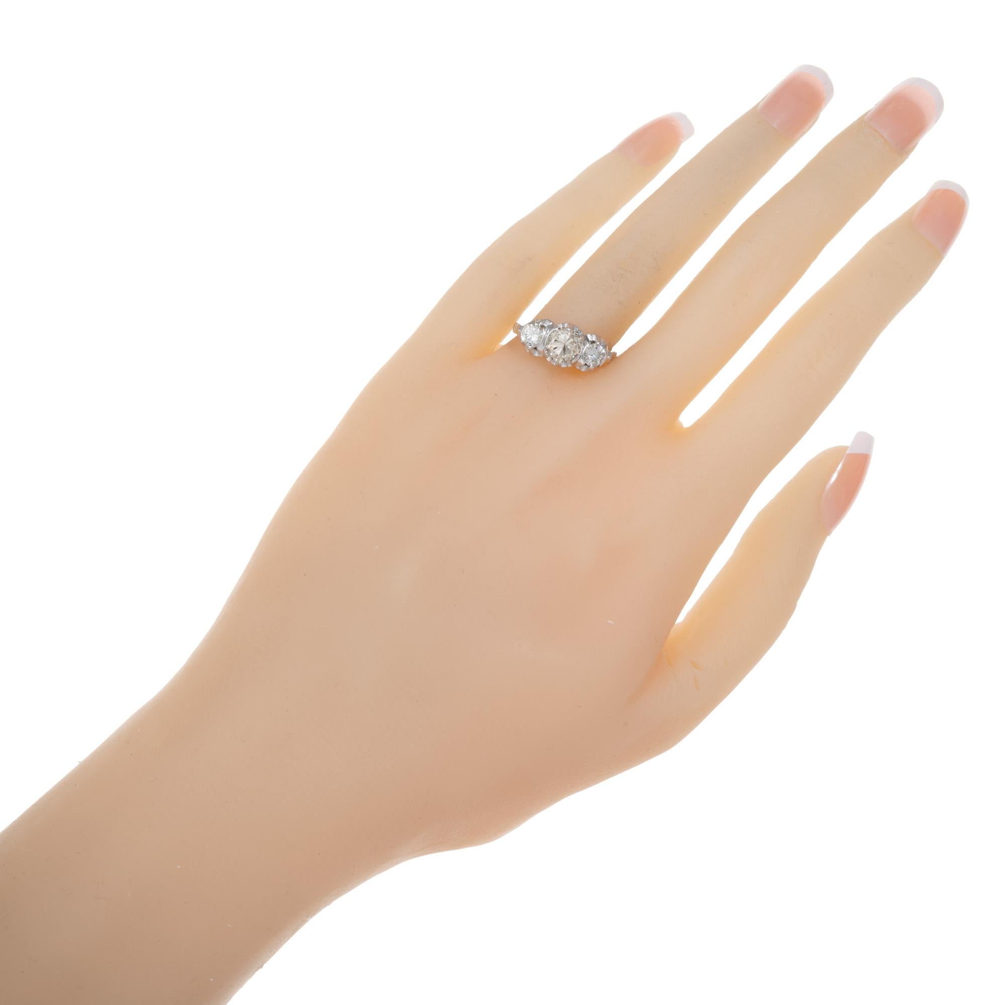 1.50 Carat Old European Diamond Platinum Art Deco Three-Stone Engagement Ring For Sale 1