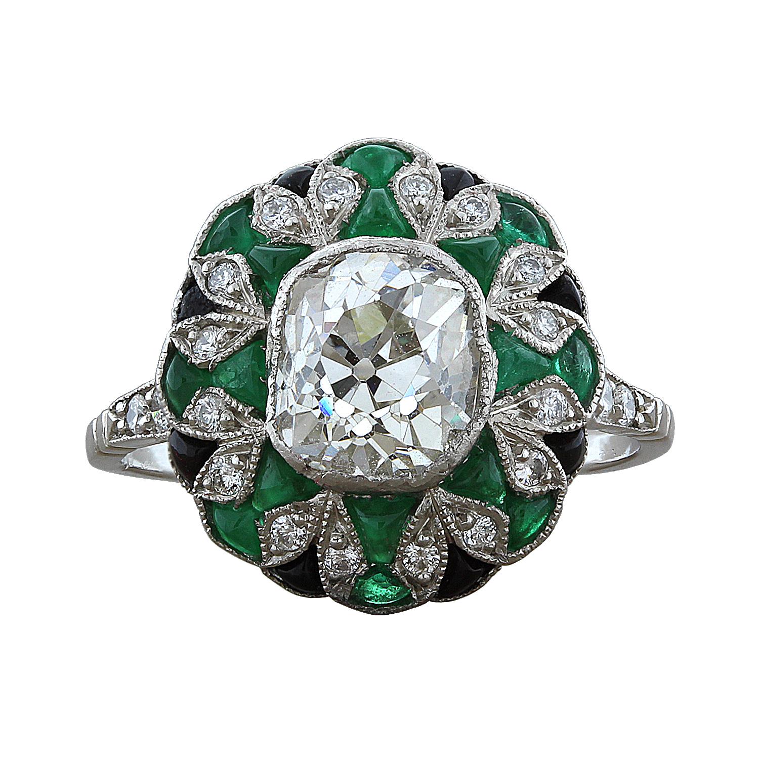 1.50 Carat Old Mine Cut Diamond Emerald Platinum Engagement Ring For Sale