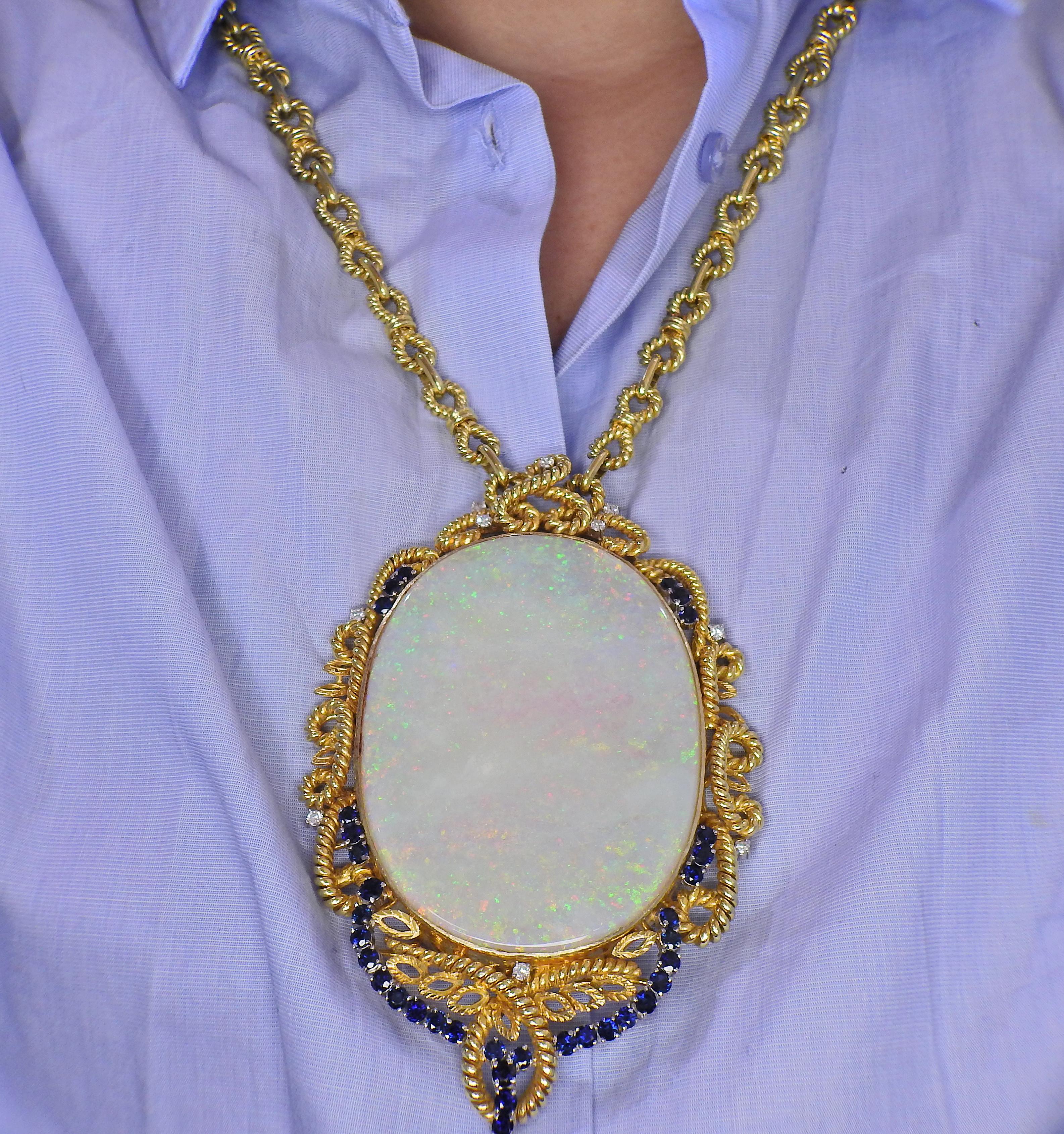150 Carat Opal Diamond Gold Sapphire Massive Pendant Necklace In Excellent Condition For Sale In New York, NY