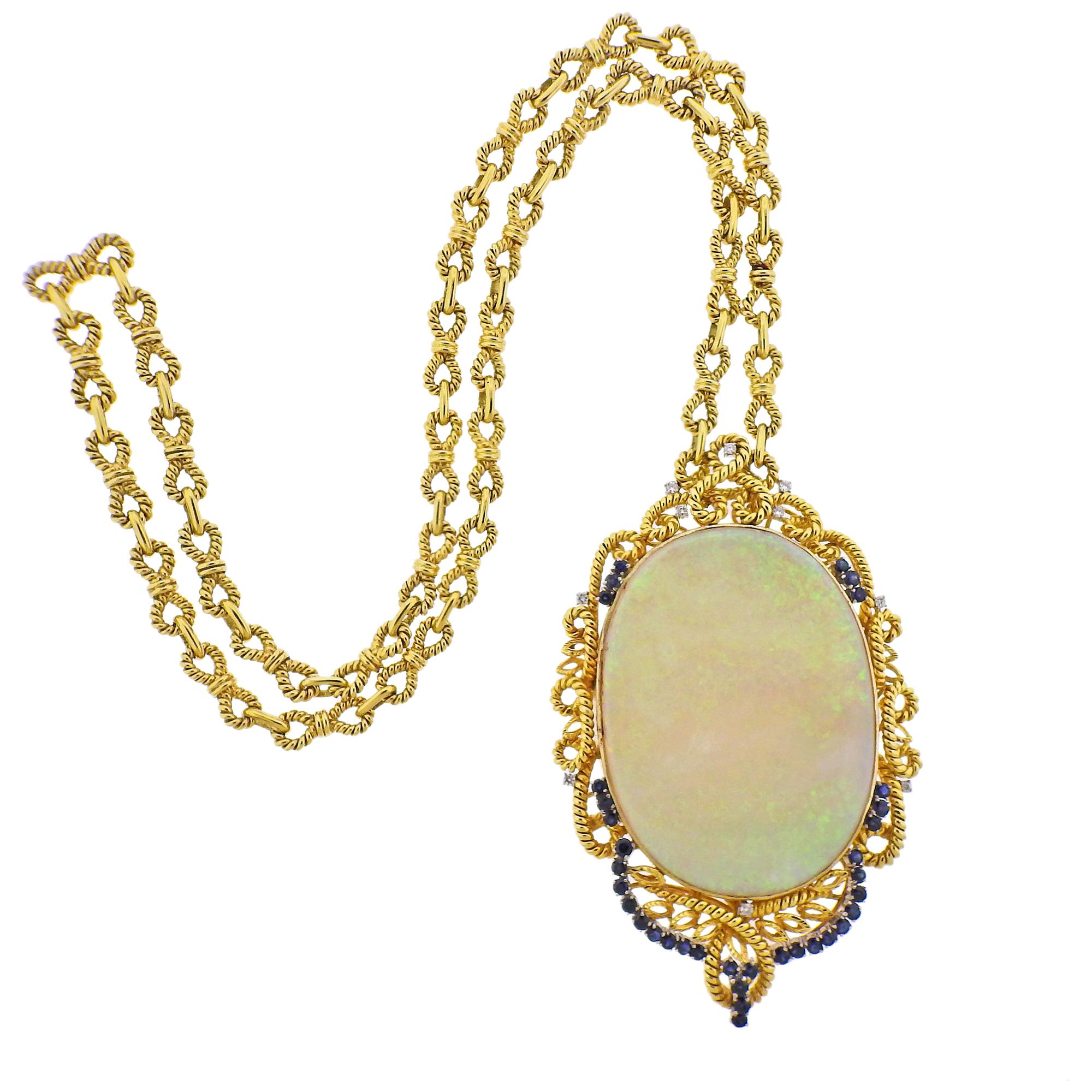 150 Carat Opal Diamond Gold Sapphire Massive Pendant Necklace